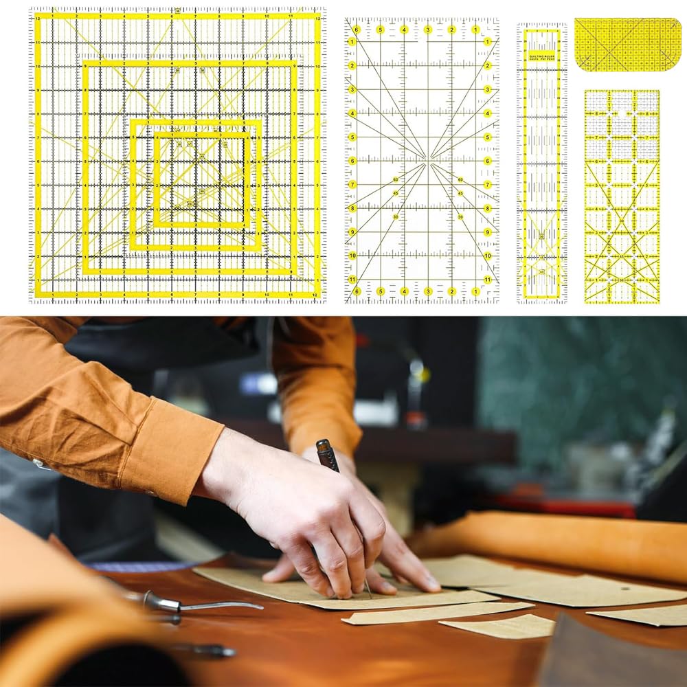 8 Pack Acrylic Quilting Ruler,Fabric Cutting Ruler,Clear Mark with Double Colored Grid Lines, for Quilting, Sewing & Crafts Template, with Non Slip Rings 50 Pieces