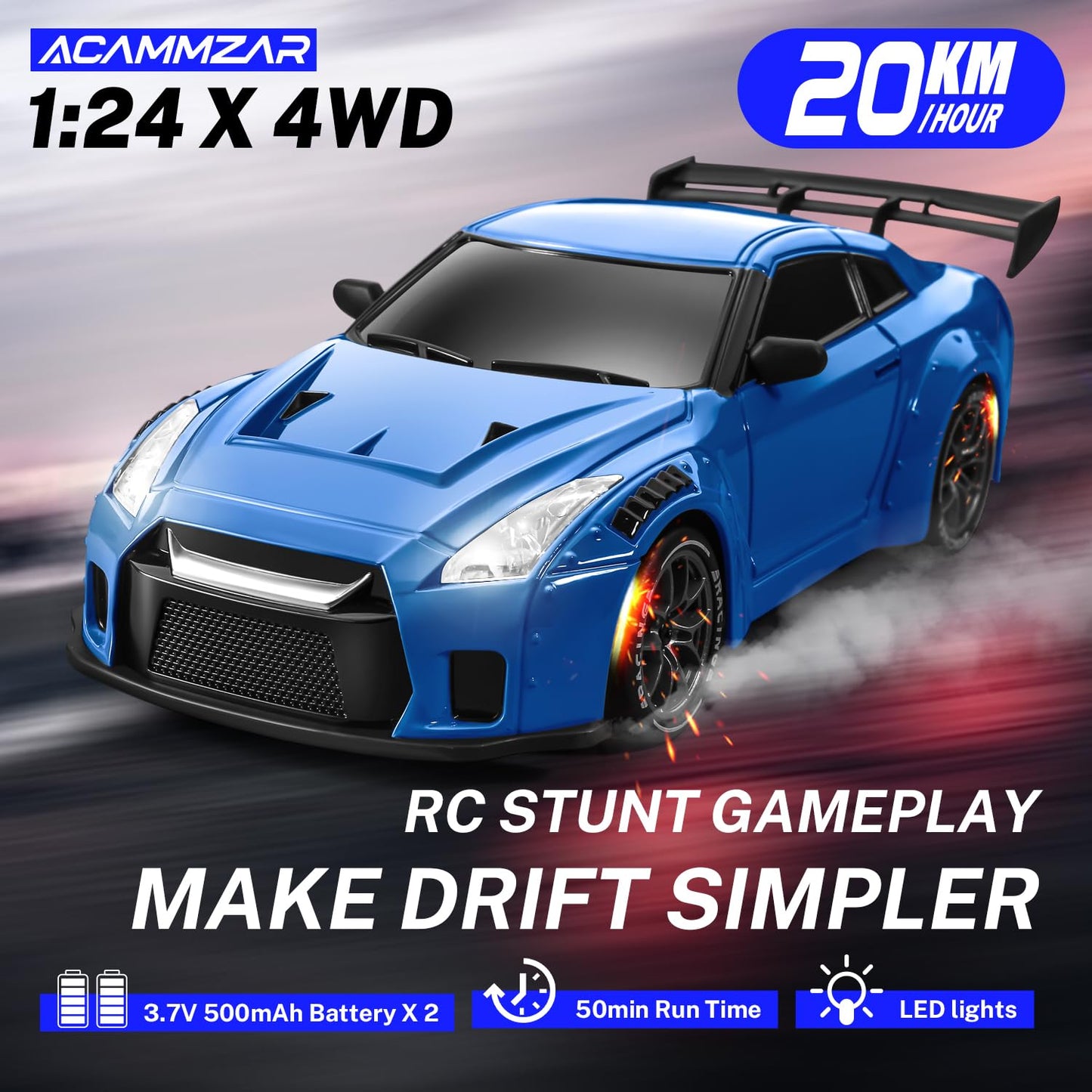 ACAMMZAR RC Drift Car, 1:24 Remote Control Car for Kids, 20KM/H 4WD High Speed RC Cars with Lights, Extra Racing Tires, Vehicle for Adults Boys Girls, Dark Blue