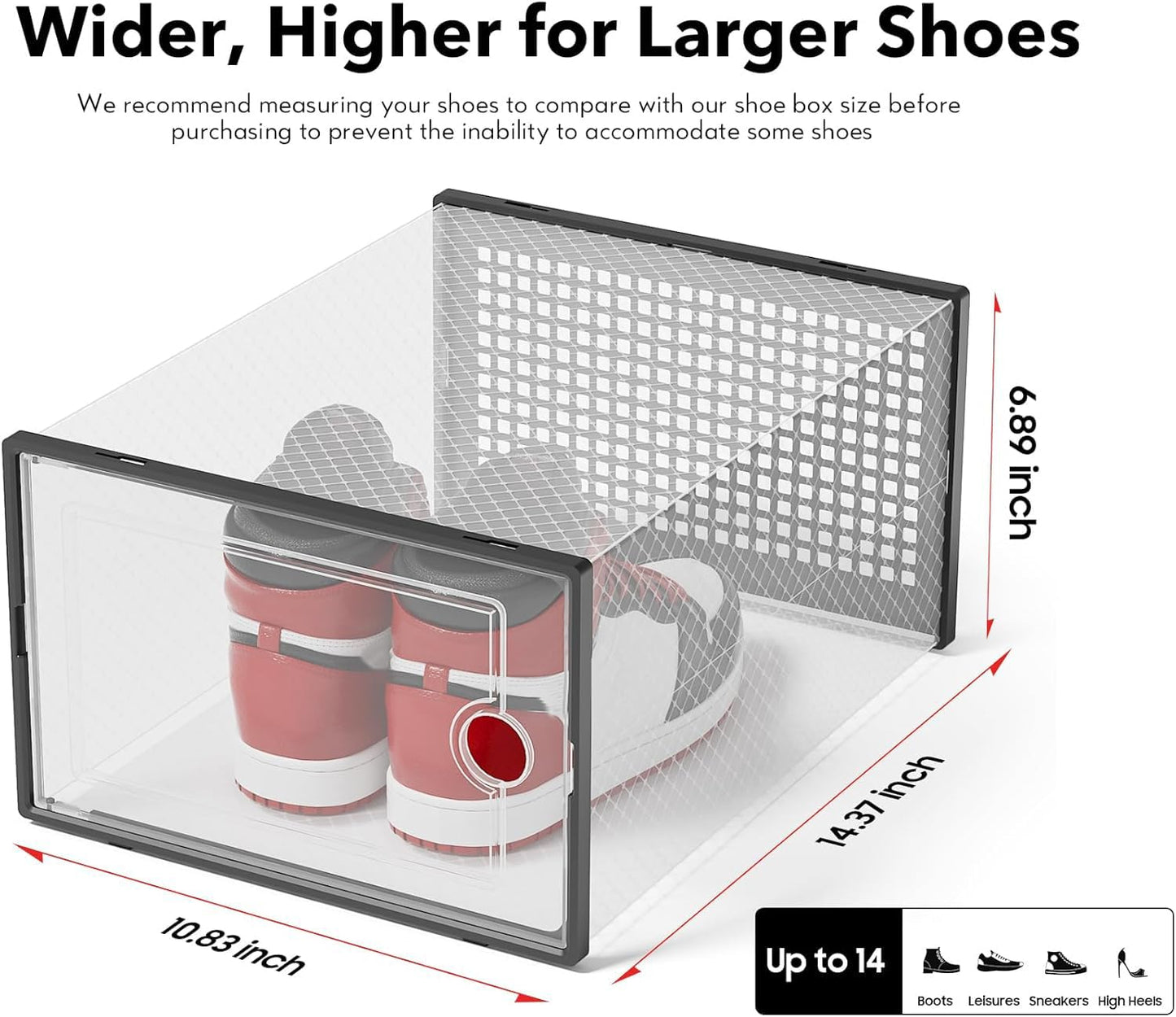 Kuject XX-Large Shoe Storage Boxes Organizers Fit Up to Size 14, Clear Plastic Stackable 12 Pack, Shoe Rack & Holder Substitute, Sneaker Containers, Toy Storage Bins for Entryway, Closet, Black