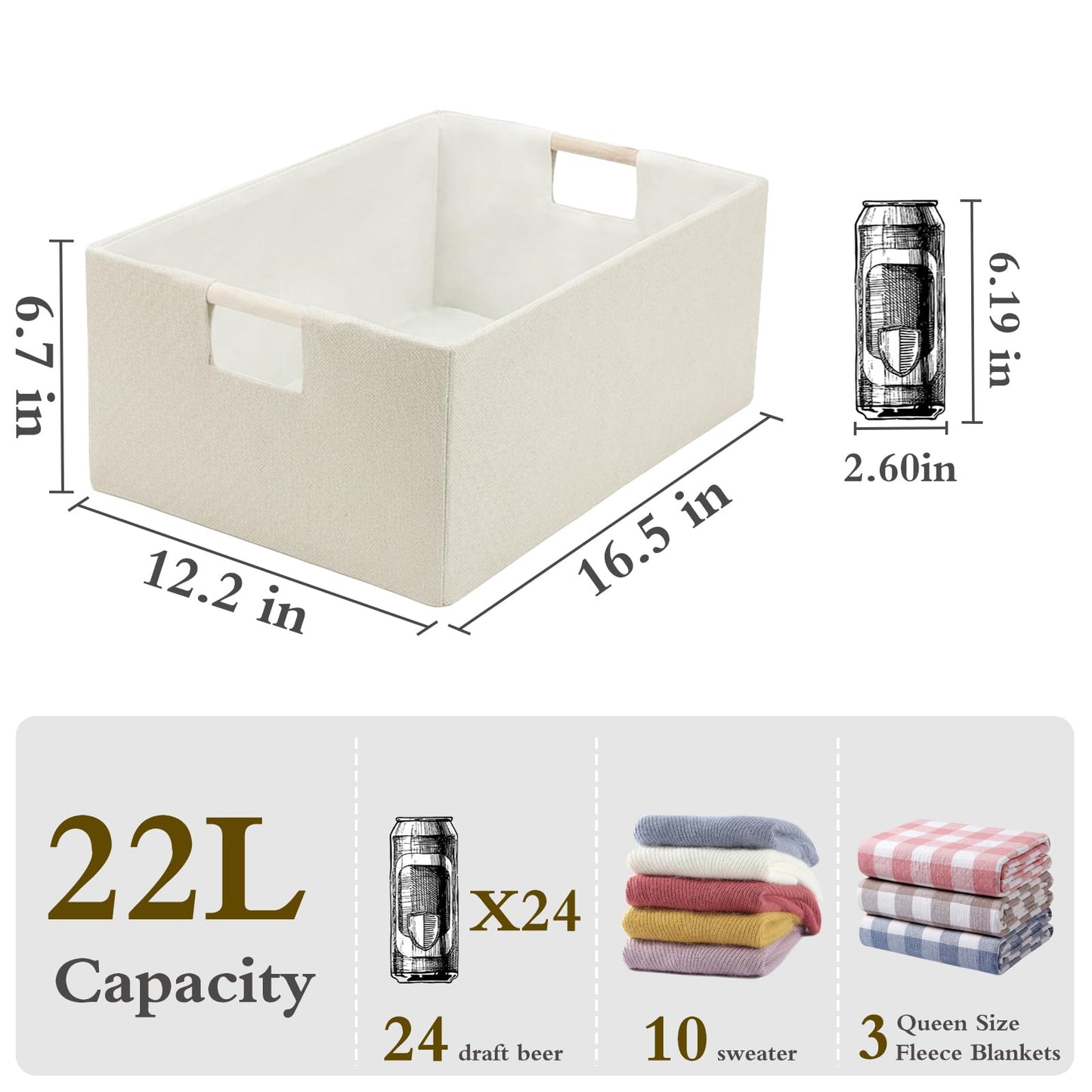 Fabric Collapsible Storage Bins, 2 Packs Cloth Storage Cubes with Wooden Handles, Stow Home Items Shelf Baskets, Rectangular Storage Basket for Decor, Shelves and Closet Organizer Bins (Beige)