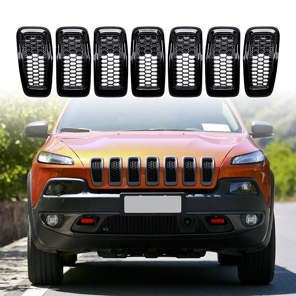 Compatible with 2014-2018 Jeep Cherokee Grille Inserts Matte Honeycomb Grill Cover Kit 7pcs Glossy Black Trim