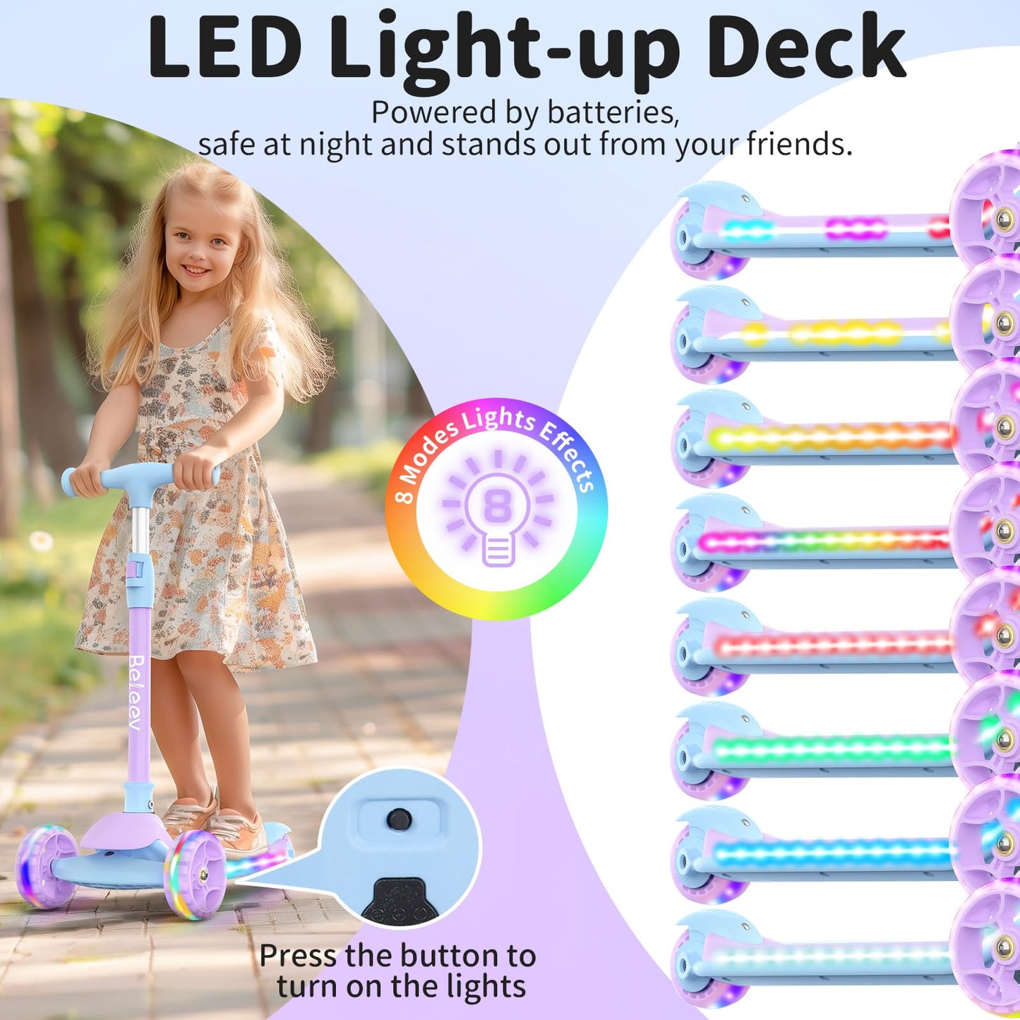 BELEEV A9 Scooter for Kids with Light-Up Deck & Wheels, 3 Wheel Folding Scooter for Toddlers Girls Boys Ages 3-12, 4 Adjustable Height, Extra Wide Deck, Lightweight Kick Scooter for Children