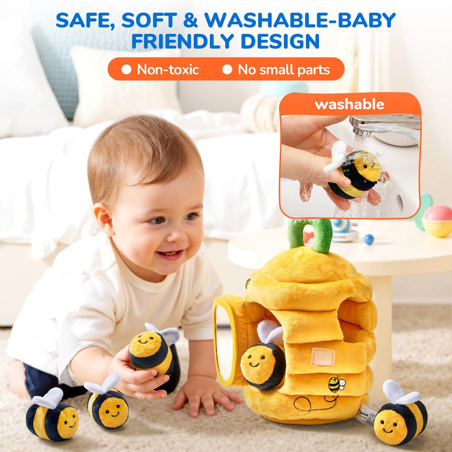 JoyCat Baby Toys 6-12 Months, Soft Baby Beehive with 5 Sensory Bees, Rattle, Crinkle Paper, Mirror, Busy Montessori Toys for Toddlers 0-3 Years Old, Sensory Toy for Babies Boy Girl Birthday Gifts