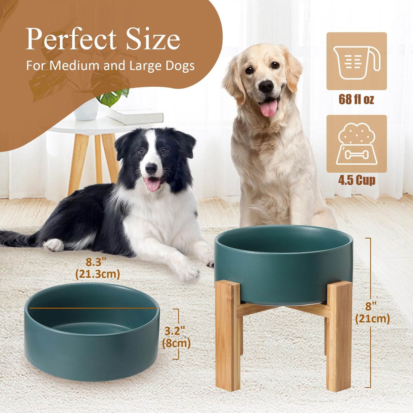 Elevated Dog Bowls for Large Dogs - Ceramic Raised Dog Bowl Stand - Dog Water Bowls and Food Dish - Heavy Weighted or No Tip Over Dog Comfort Food Bowls - Pet Bowl Extra High Capacity 8.4" Diameter