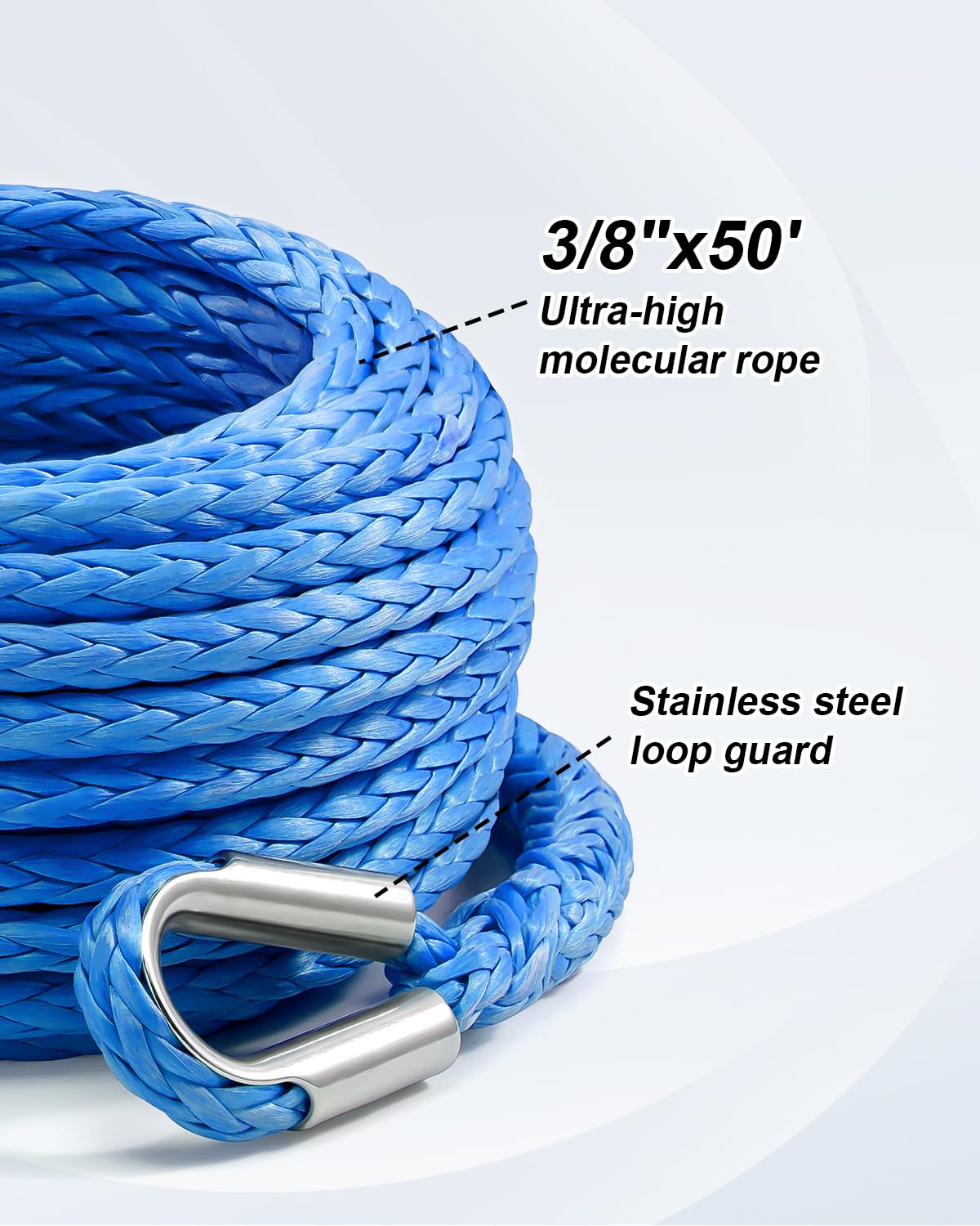 Kolvoii Winch Rope Extension 3/8 Inch x 50Ft 26,500 Lbs, Synthetic Winch Extension Cable Line for Off Road Vehicle ATV UTV Truck etc - Blue