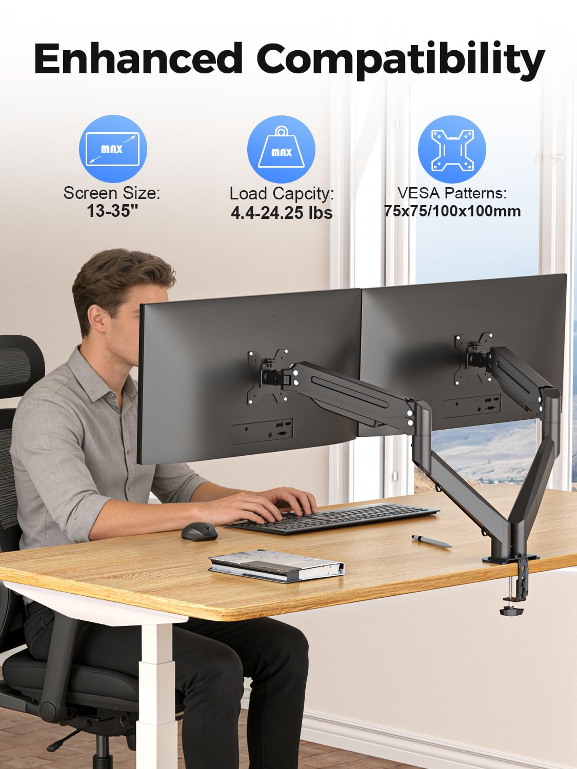 Suptek Dual Monitor Mount Stand-Height Adjustable Gas Spring Monitor Arm Desk Mount for 2 Computer Screens 17 to 32 inches - Each Arm Holds up to 22lbs,Black(MD8SP)