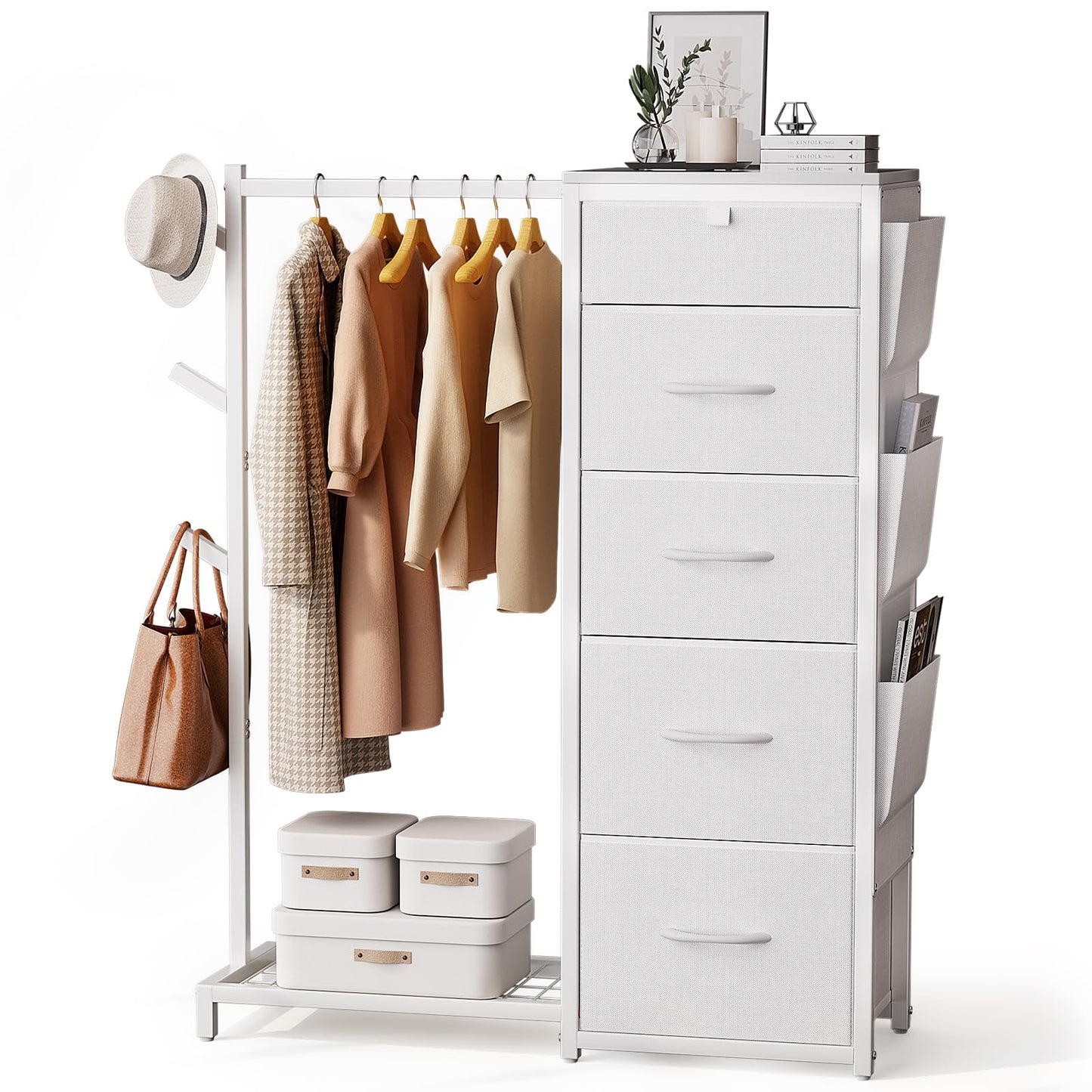 Luxspire Dresser with Hanging Rack, Reversible Dresser for Entryway with 5 Fabric Storage & 3 Coat Racks & Side Pockets Small Closet with Clothes Rack, White