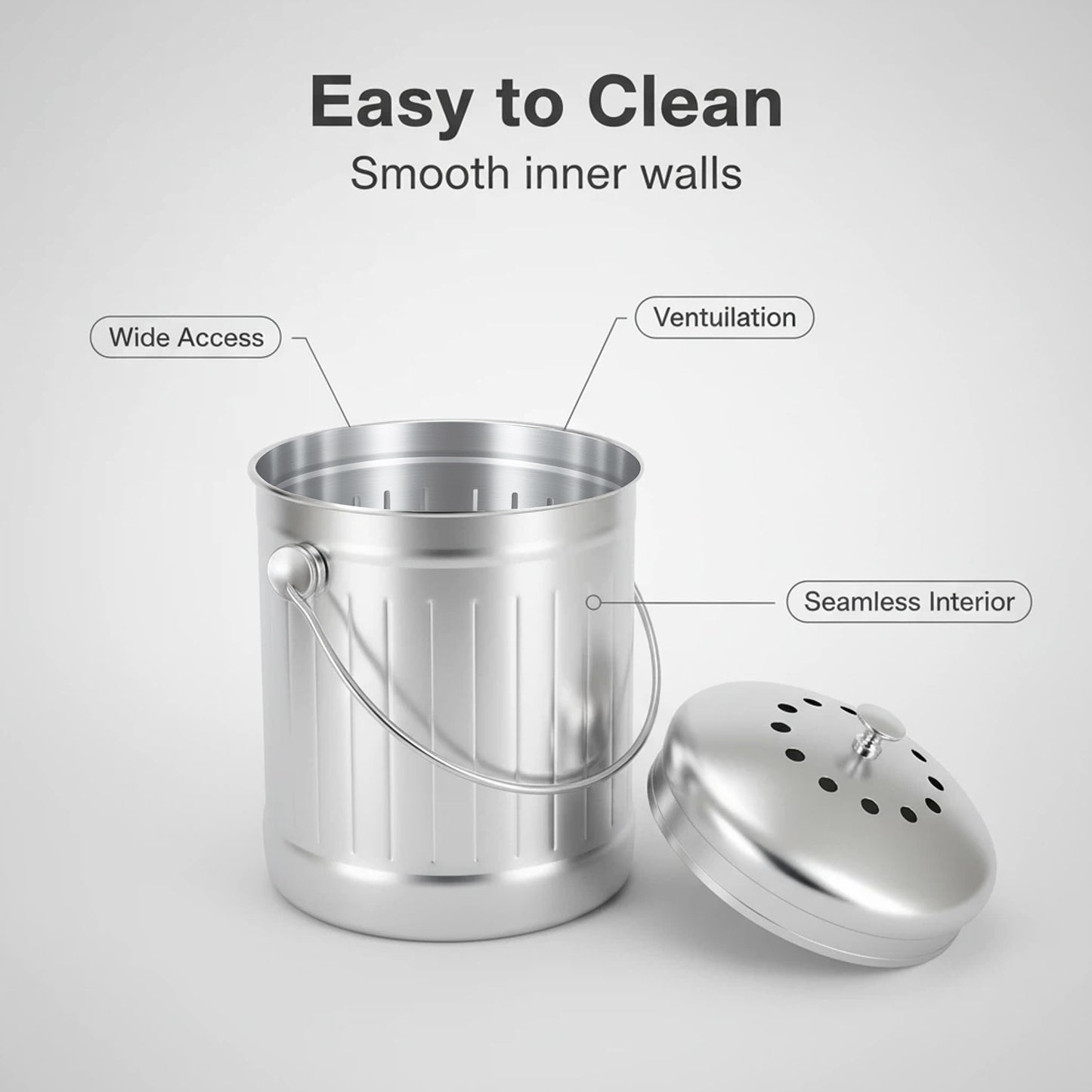 Veinvify 1.3 Gallons 5L Brushed Stainless Steel Kitchen Countertop Undersink Indoor Odorless Composting Compost Bin Countertop Composter with Charcoal Filter Inside Lid Brushed