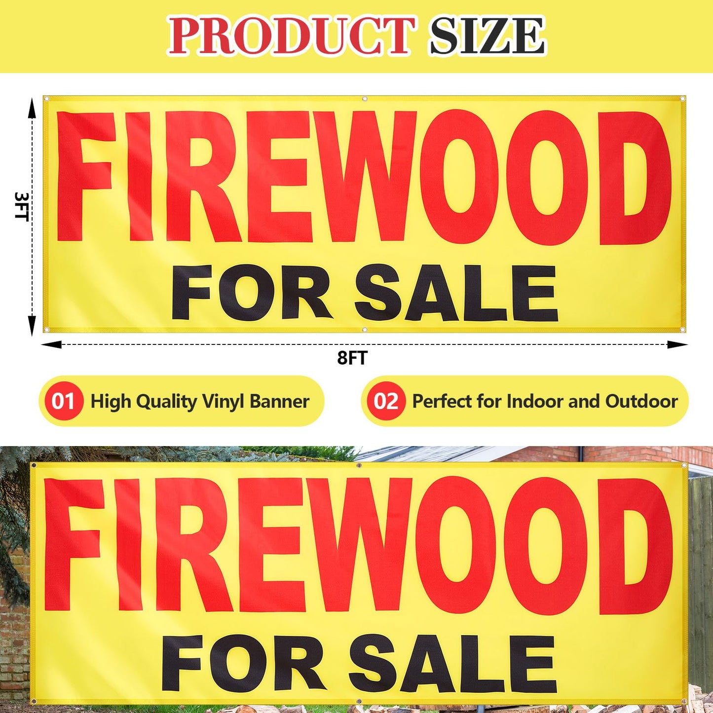 Aliceset 3 x 8 ft Firewood for Sale Banner Advertising Firewood Sign with Grommets Polyester Large Weather Resistant Visibility Text for Firewood Sale Warehouse Farm Campground Resort Outdoor Bazaar