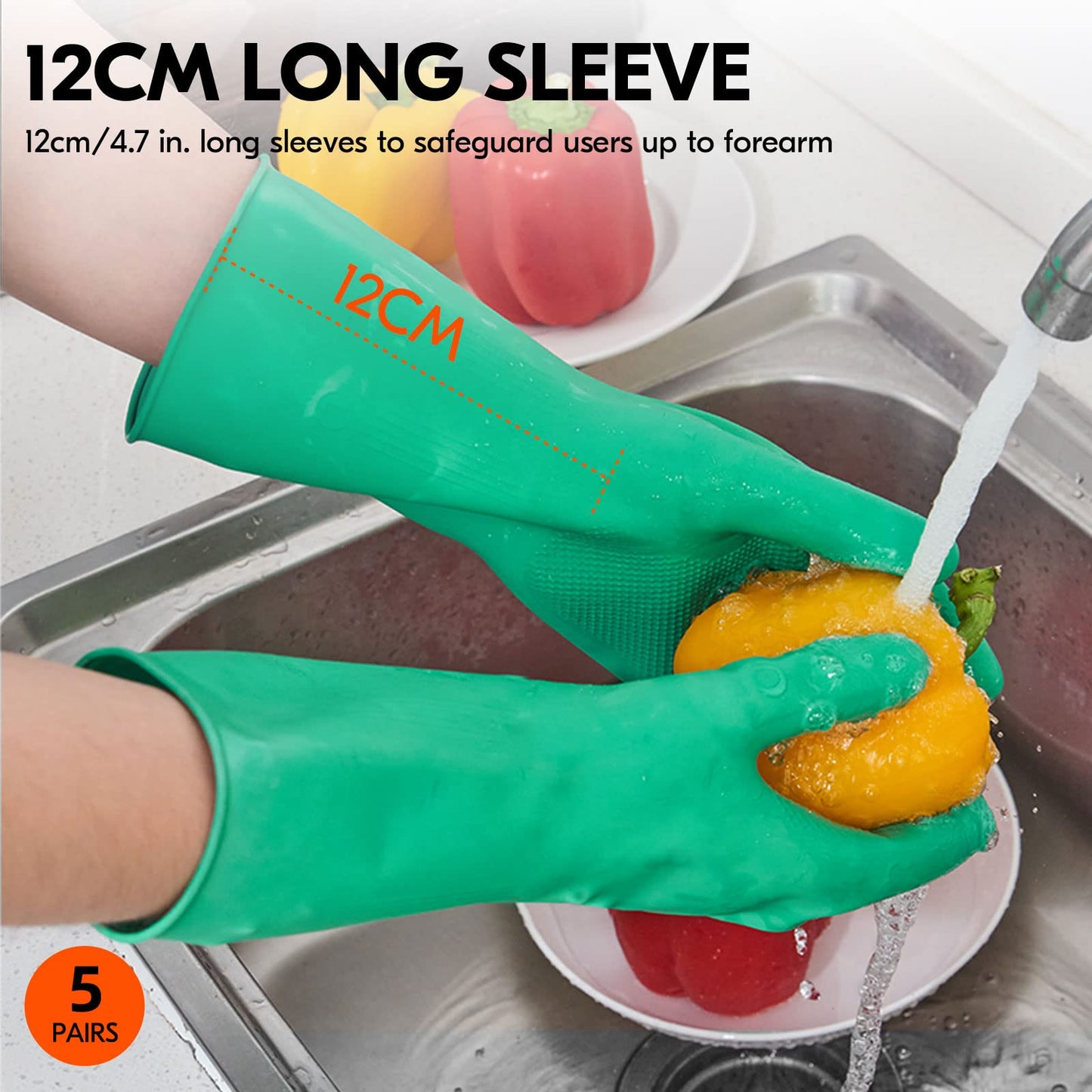 Vgo 5Pairs Reusable Household Gloves, Rubber Dishwashing Gloves, Kitchen Cleaning (M,Green,HH4601)