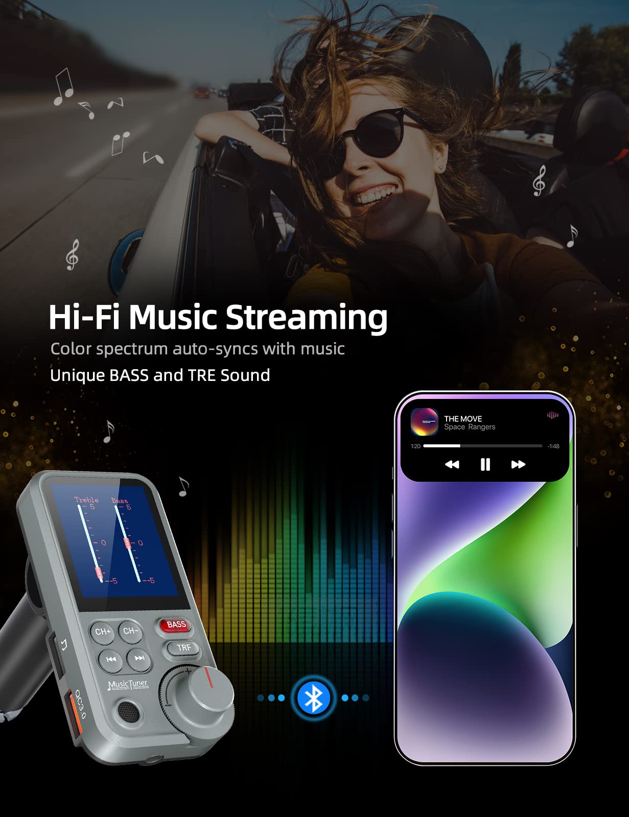 Nulaxy FM Bluetooth Transmitter for car, Strong Microphone Bluetooth Car Adapter with 1.8" Color Screen for Hands Free Calls, Supports QC3.0 Charging, Treble and Bass Sound Music Player- KM30 Grey