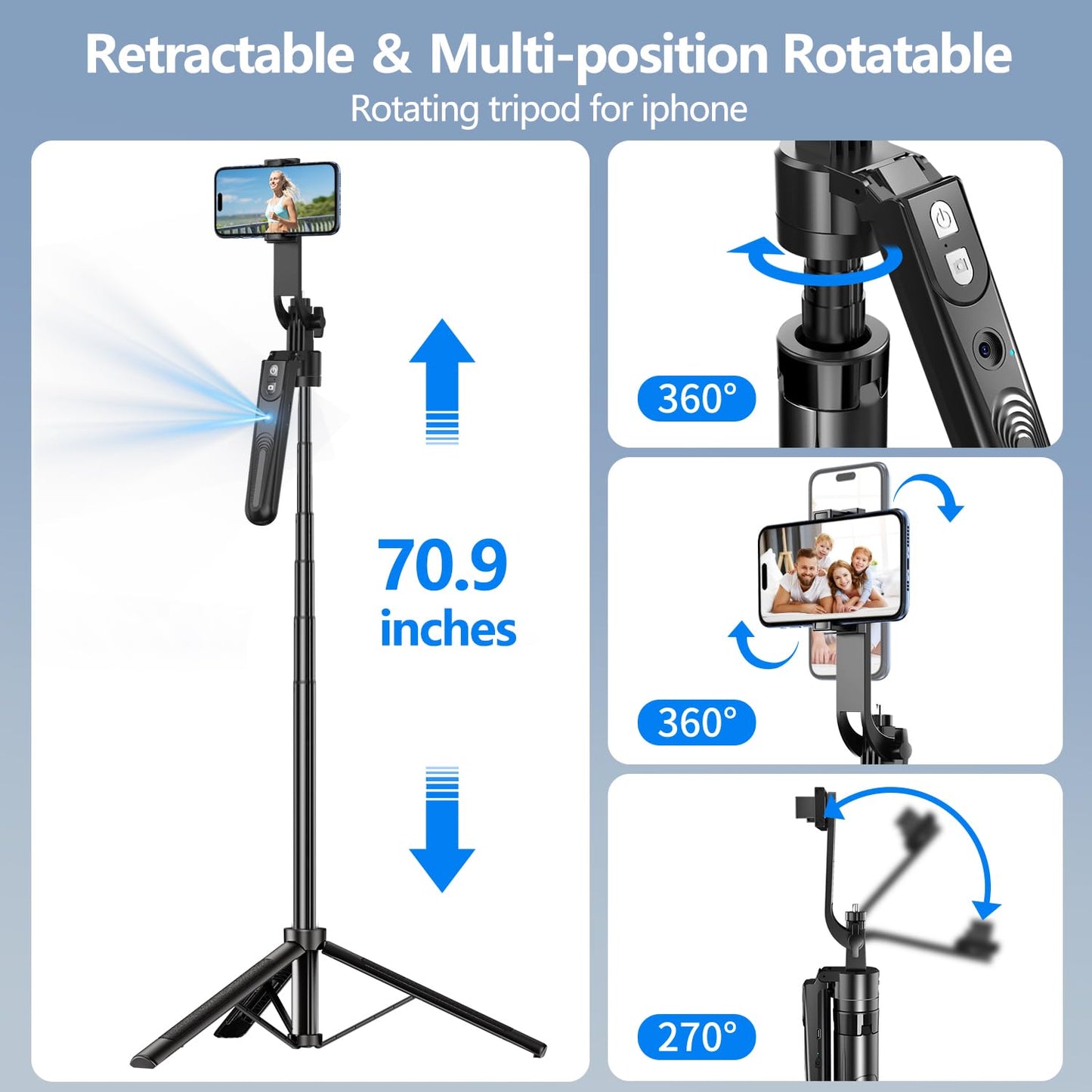 Auto Face Tracking Tripod 360° Rotation with Stand, 70.9" Ai Motion Tracking Tripod, Motion Sensor Phone Tripod Stand, Selfie Stick Rotation Tripod with Remote, for Vlog/Live Stream/Video Recording