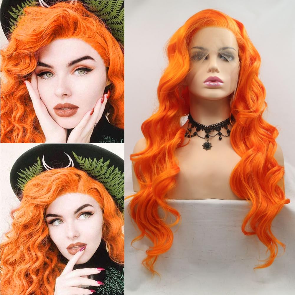 Angle Lucky Pastel Orange Wigs for Women Long Loose Wavy Mixed Orange Wig Natural Hairline Lace Frontal Wig Heat Resistant Fiber Premium Glueless Wig Drag Queen Halloween