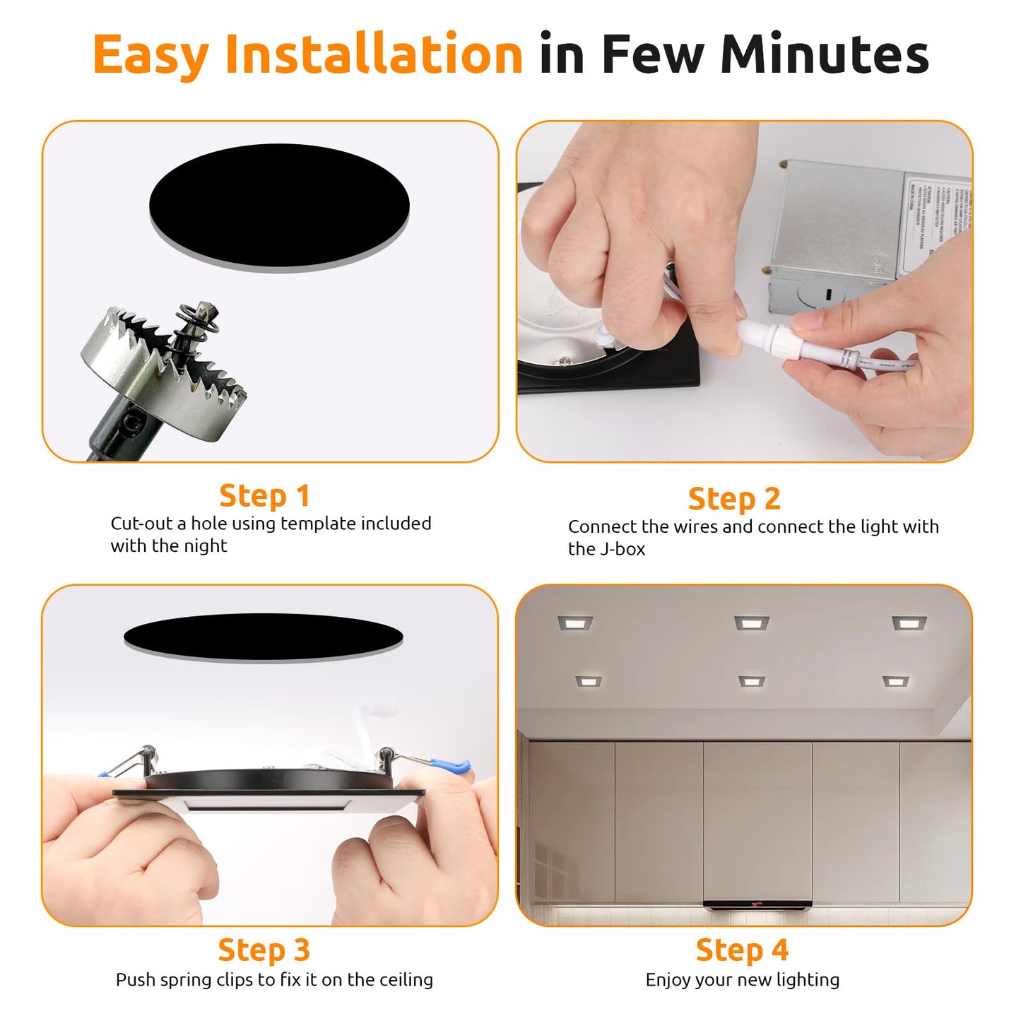 HONZIN Square LED Recessed Slim Pot Lights 4 Inch, 5CCT 2700K/3000K/3500K/4000K/5000K Selectable, 9W, IC Rated, Dimmable Square Black Trim with Junction Box (6 Pack)