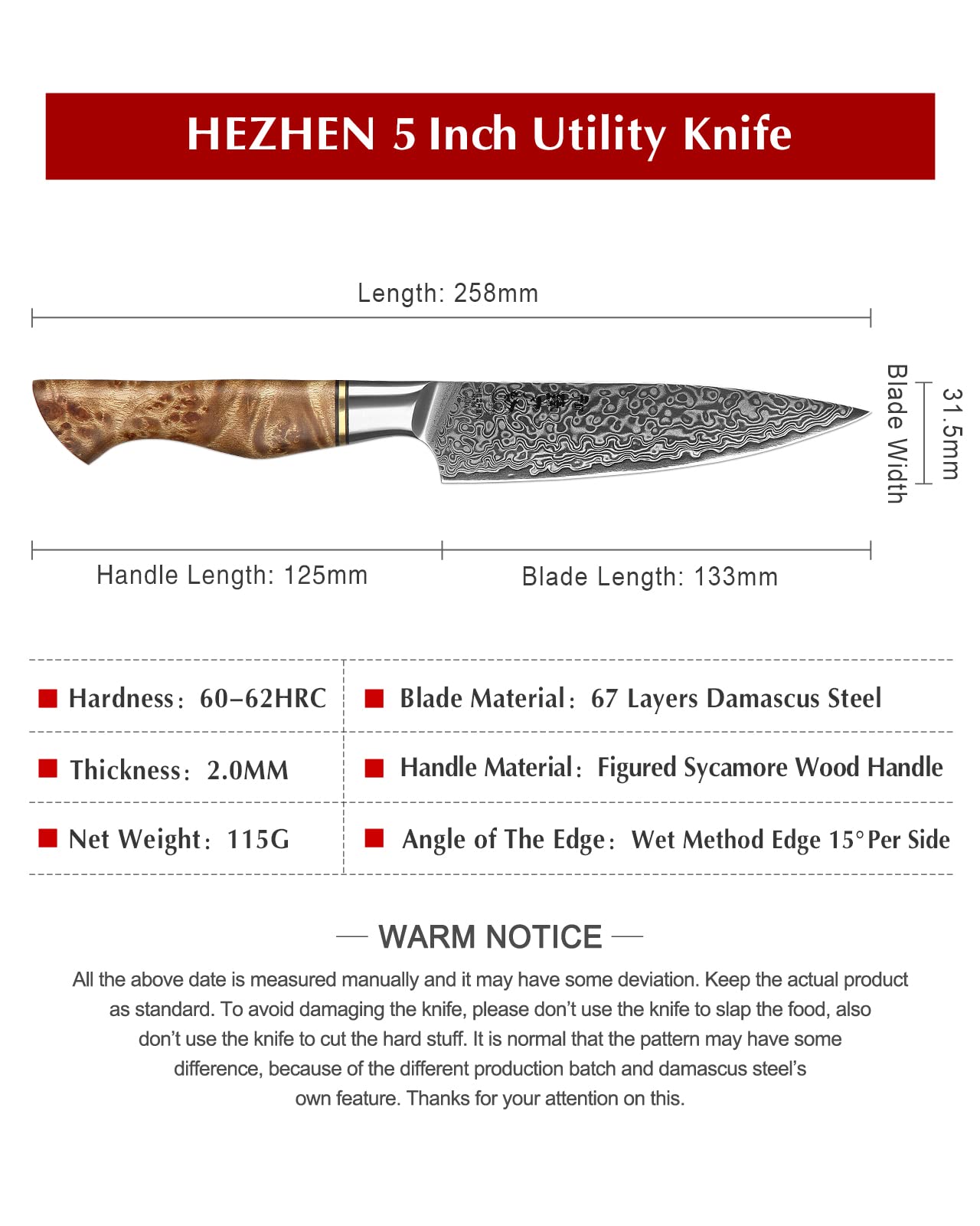 HEZHEN 5 inch Utility Knife Kitchen with Razor Sharp- Damascus Steel with Rose Pattern Multifunctional VG10 Professional Paring-Fruit Knife- Master Series Ergonomic Figured Sycamore Wood Handle
