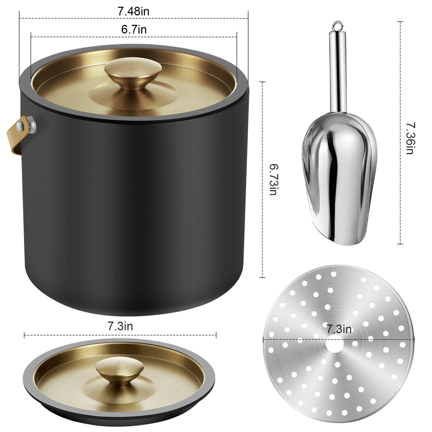 3.2L Modern Insulated Ice Bucket with Silicone Lid, Scoop, Strainer, Double Wall Stainless Steel Ice Bucket for Parties & Cocktail Bar,Ideal for Gift