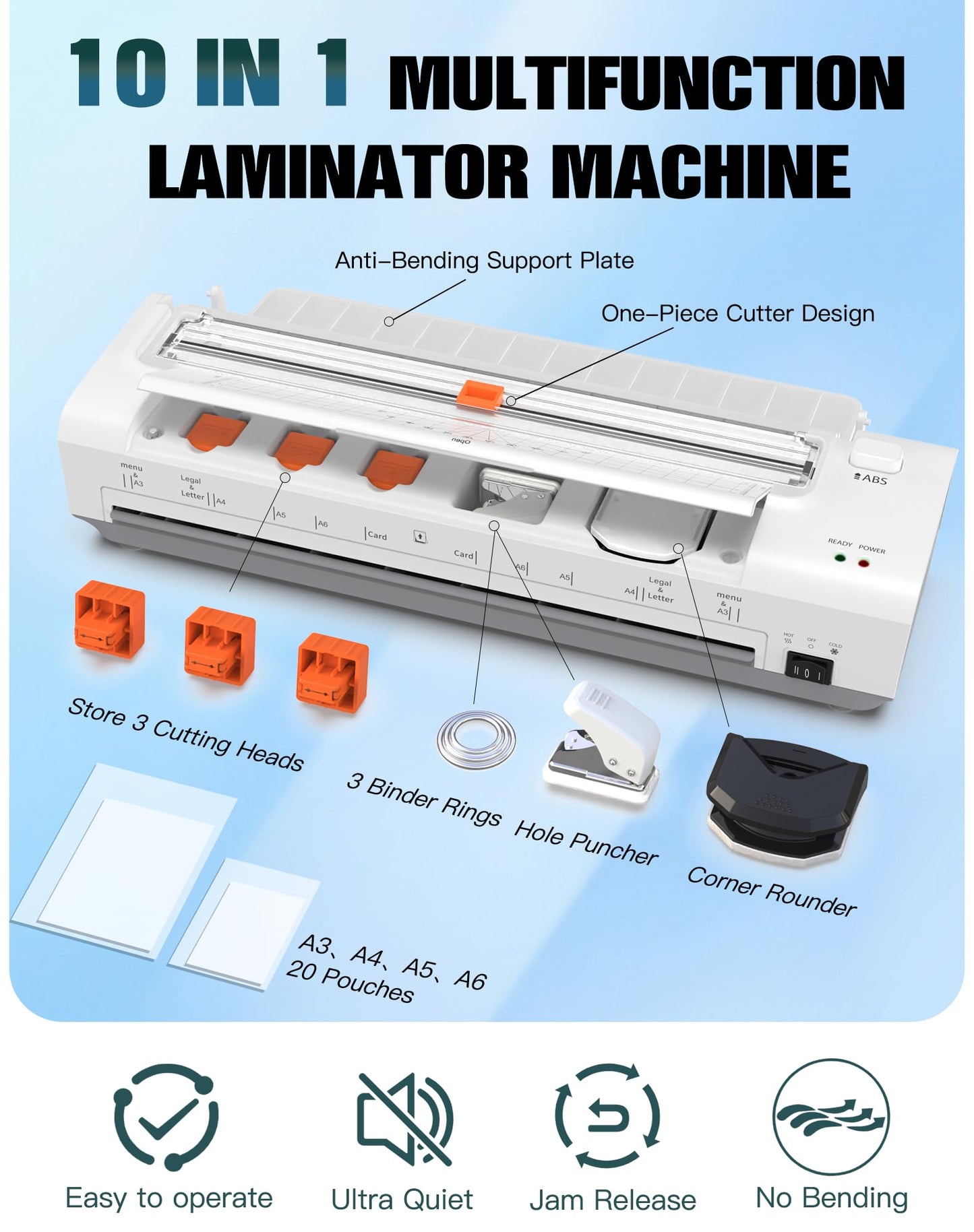 13 Inch Laminator Machine with Auto Paper Feed, Never Jam A3 Thermal & Cold Lamination, 20 Laminating Sheets, 10-in-1 Laminator with Cutter, Trimmer & Corner Rounder for Office School Home Use（White）