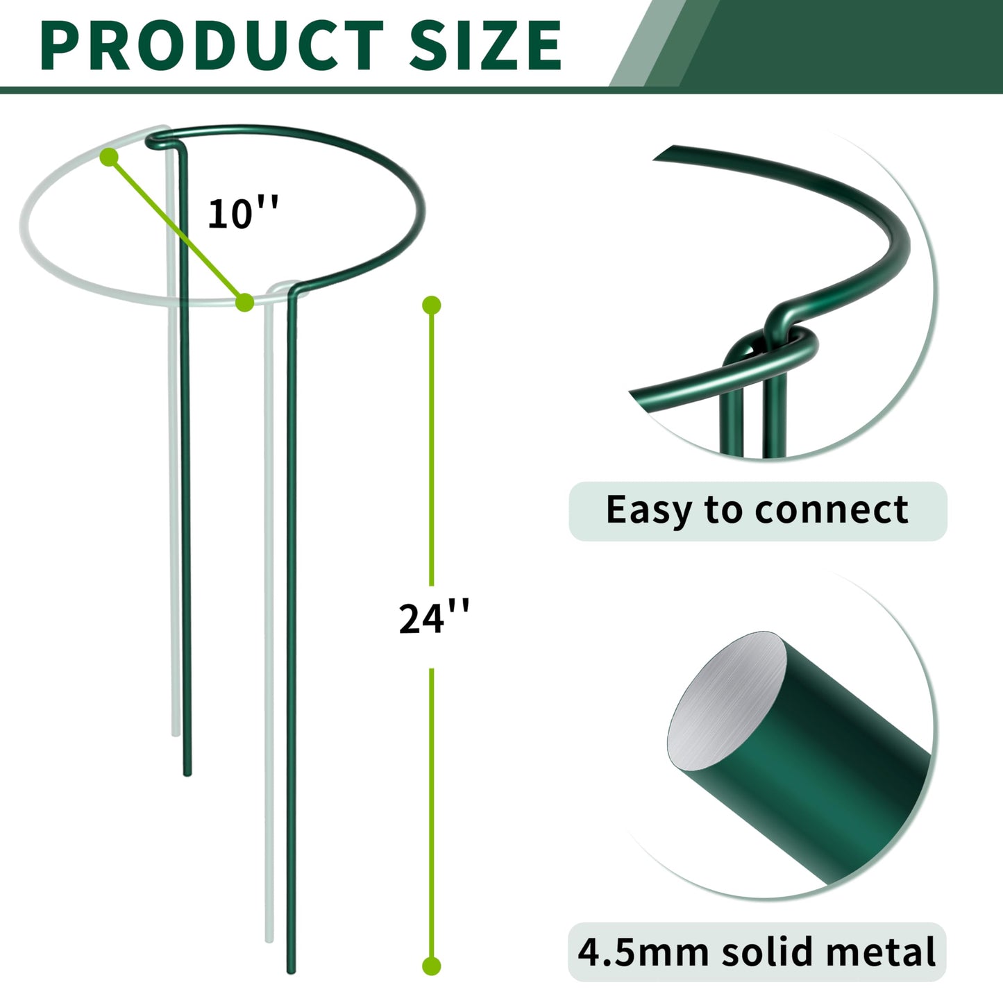 SORANGEUN Peony Support Cage 24 Inch Tall, 10 Pack Half Round Metal Plant Support Stakes for Peonies, Tomatoes, Hydrangeas, Outdoor Garden, 60cm Height, Green