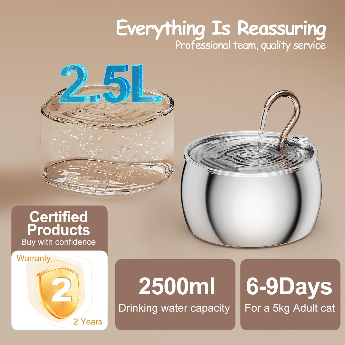 Cat Water Fountain Stainless Steel: 2.5L/84oz Water Fountain Indoor Cat - Gooseneck Pet Water Fountain - Quiet Automatic Pet Water Dispenser - Kitty Spout Water Fountain - WEPOIU