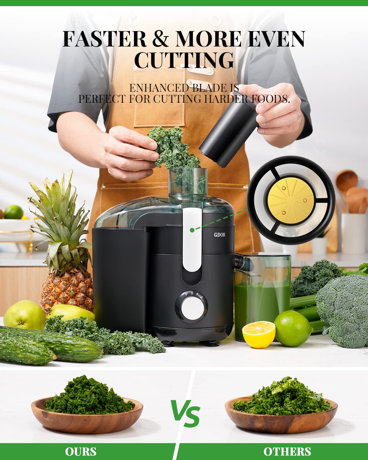 GDOR Juicer Machine, Electric Centrifugal Juicer with Titanium Enhanced Cut Disc, Dual Speeds with 2.5" Feed Chute, for Fruits and Veggies, Anti-Drip, Includes Cleaning Brush, BPA-Free Black
