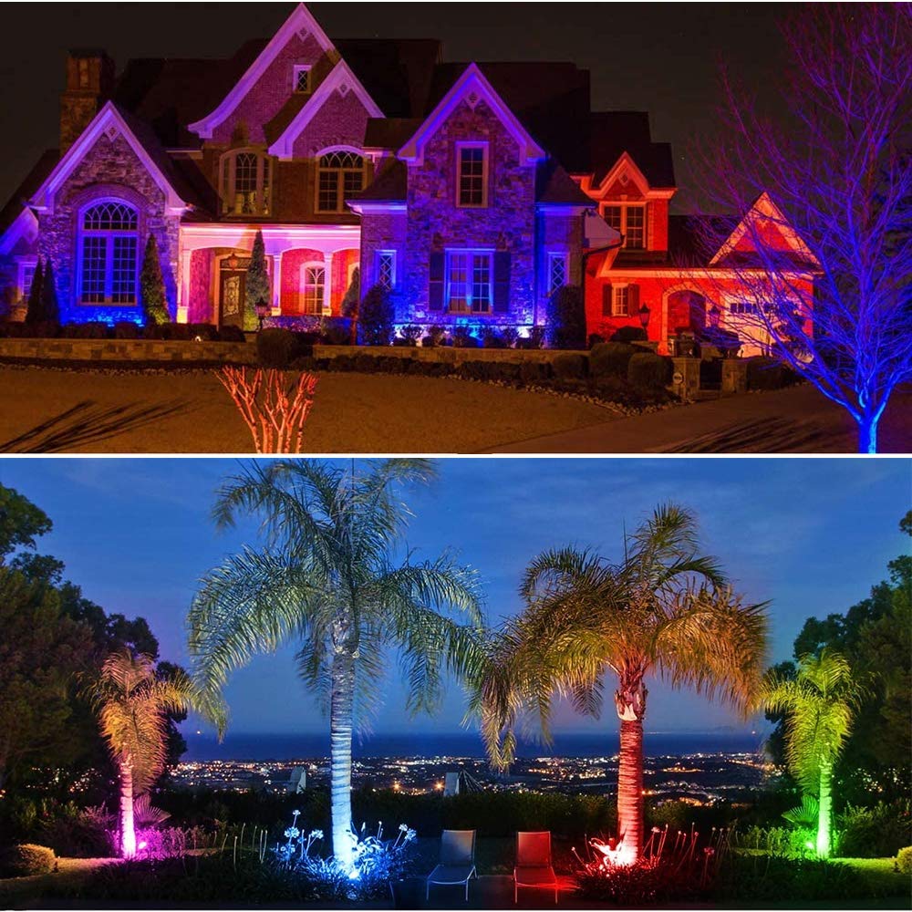 Pack of 2, WeFoonLo Outdoor LED Landscape Lights Waterproof Spotlight with Spike Stand and Plug for Driveway, Outdoor Lawn Lighting, Flood Garden, Yard (6W Plug RGB)