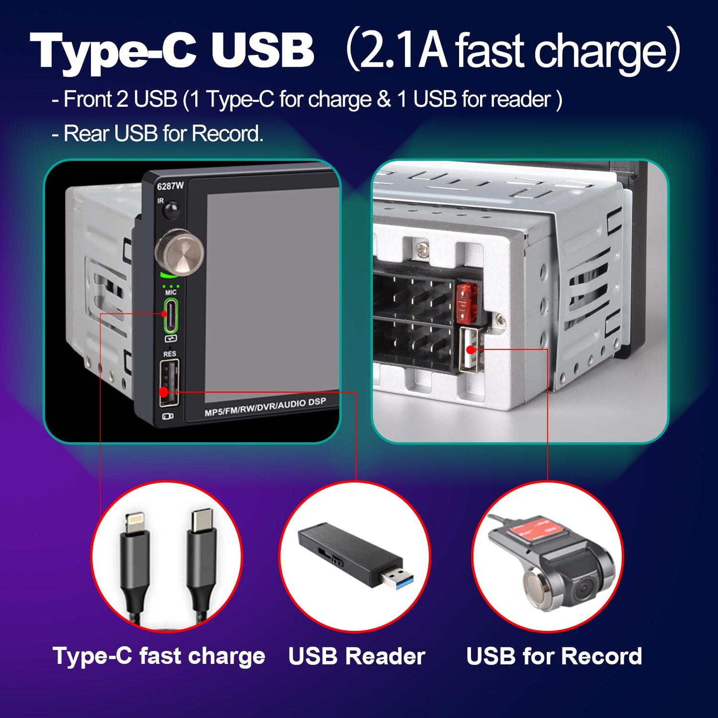 Alondy Single Din Car Stereo Touchscreen (6.9") Compatible with Apple CarPlay [Wireless] Android Auto Car Radio Bluetooth Type-C USB (2.1A Fast Charge) Backup Camera