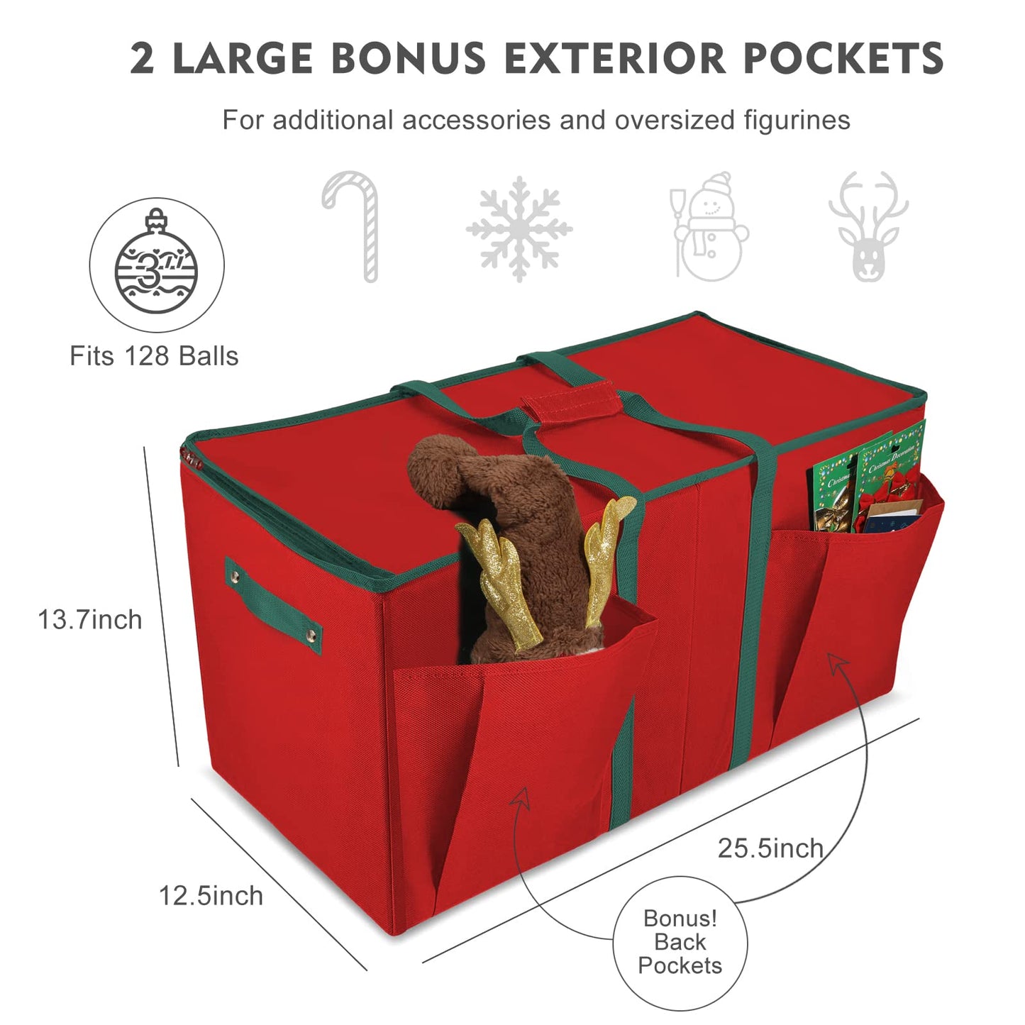 Large Christmas Ornament Storage Box,4 Tier Holds Up to 128 Holiday Ornaments 3-Inch, Xmas Decorations Accessories Bag with Dual Zipper Closure,Made of Durable 600D Oxford Fabric Material (Red1)