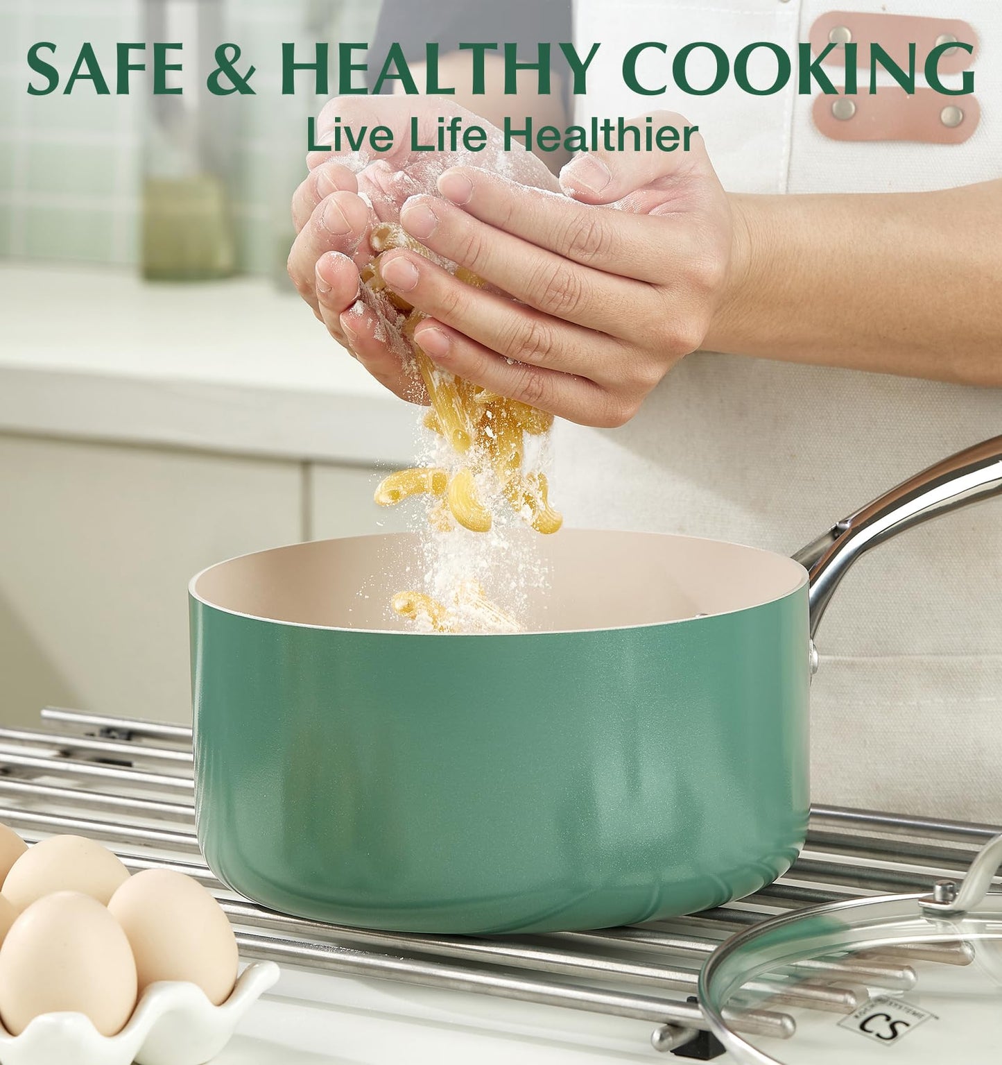 KOCH SYSTEME CS 1+2+3 Quart Nonstick Saucepan with Lid, Pot Set with Ceramic Coating, Sauce Pot, Kitchen Cooking Pot, Induction Compatible, Oven & Dishwasher Safe, Non Toxic, Green
