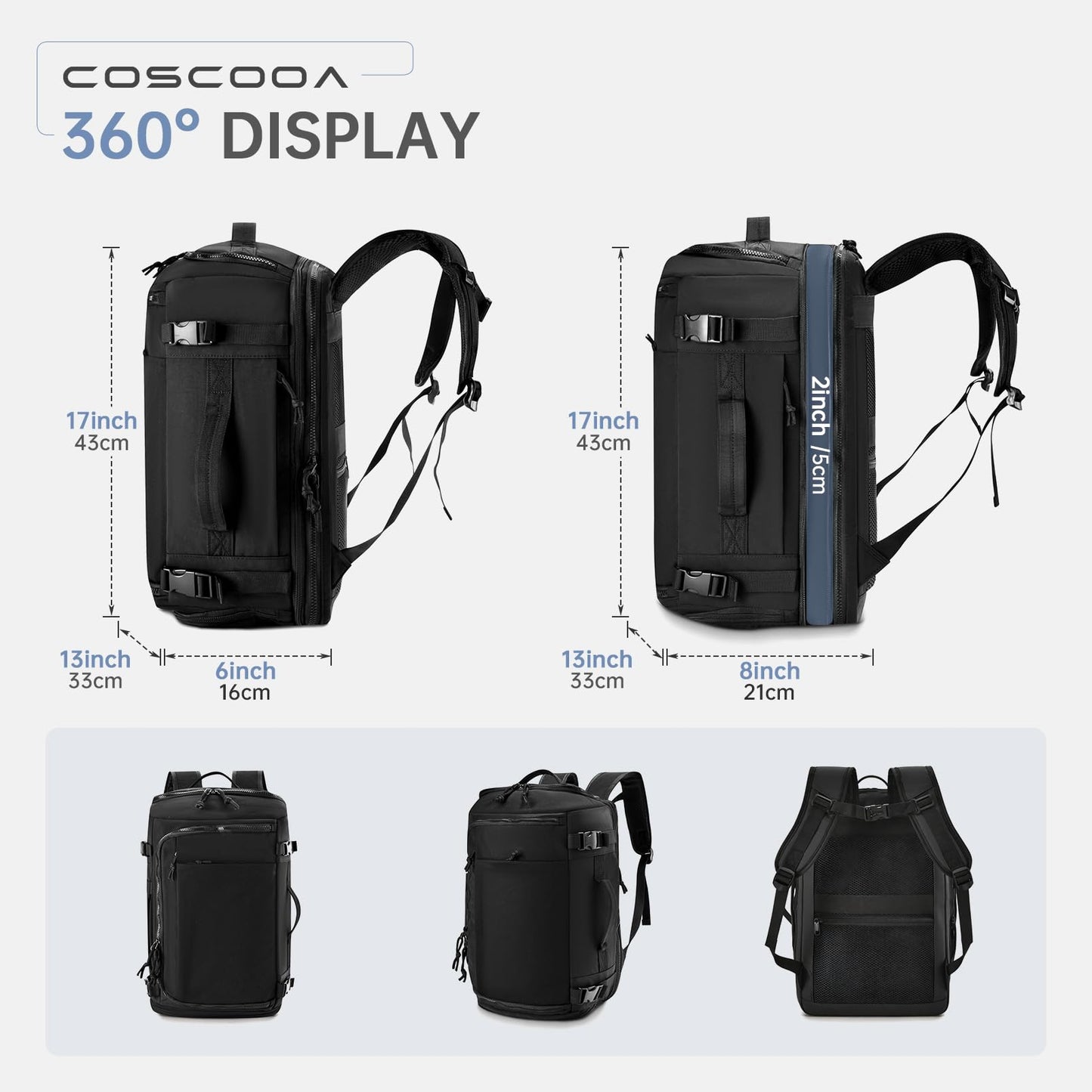 COSCOOA 6x13x17 inch Personal Item Bag for Budget Flight in Canada,15x33x43 cm Travel Bag,Expandable Carry On Travel Backpack,Underseat Travel Duffel Bag