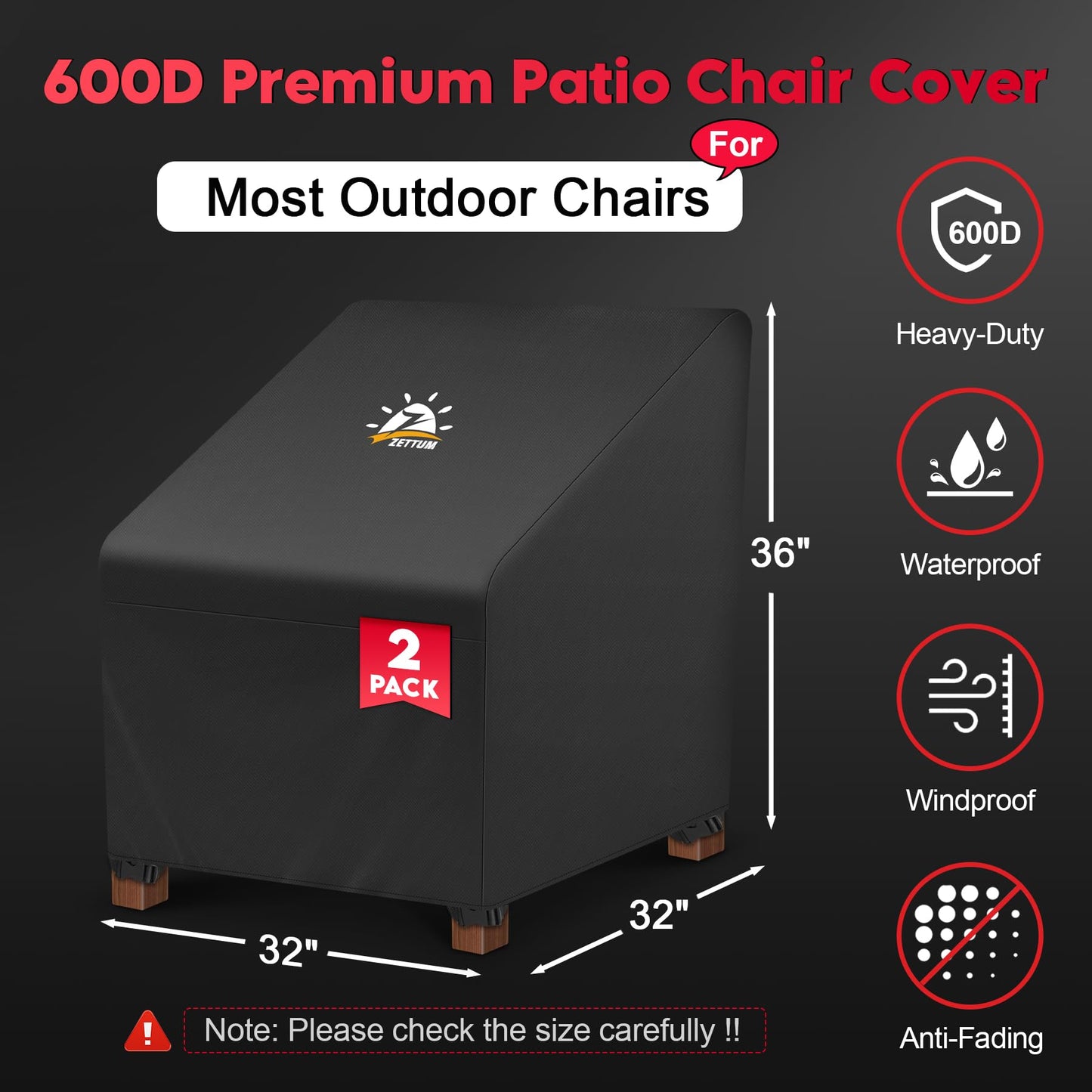 Zettum Patio Chair Covers 2 Pack - 600D Outdoor Chair Cover Waterproof & Heavy Duty, Lawn Lounge Furniture Cover for Wicker Chair, Swivel Chair, Rocking Chair, Single Sofa Chair - 32 x 32 x 36 Inch