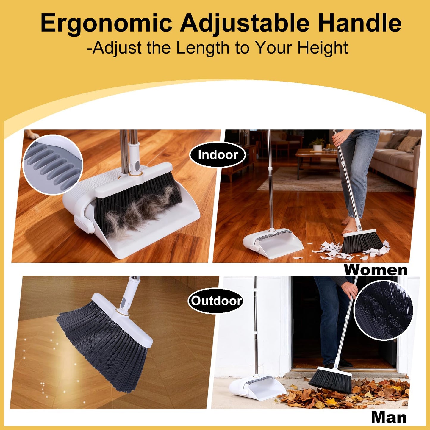 Upgrade Broom with Dustpan Combo Set with Ergonomic Adjustable Handle, Cleaning Teeth, Ideal for Pets, Indoor and Outdoor Sweeping（White）