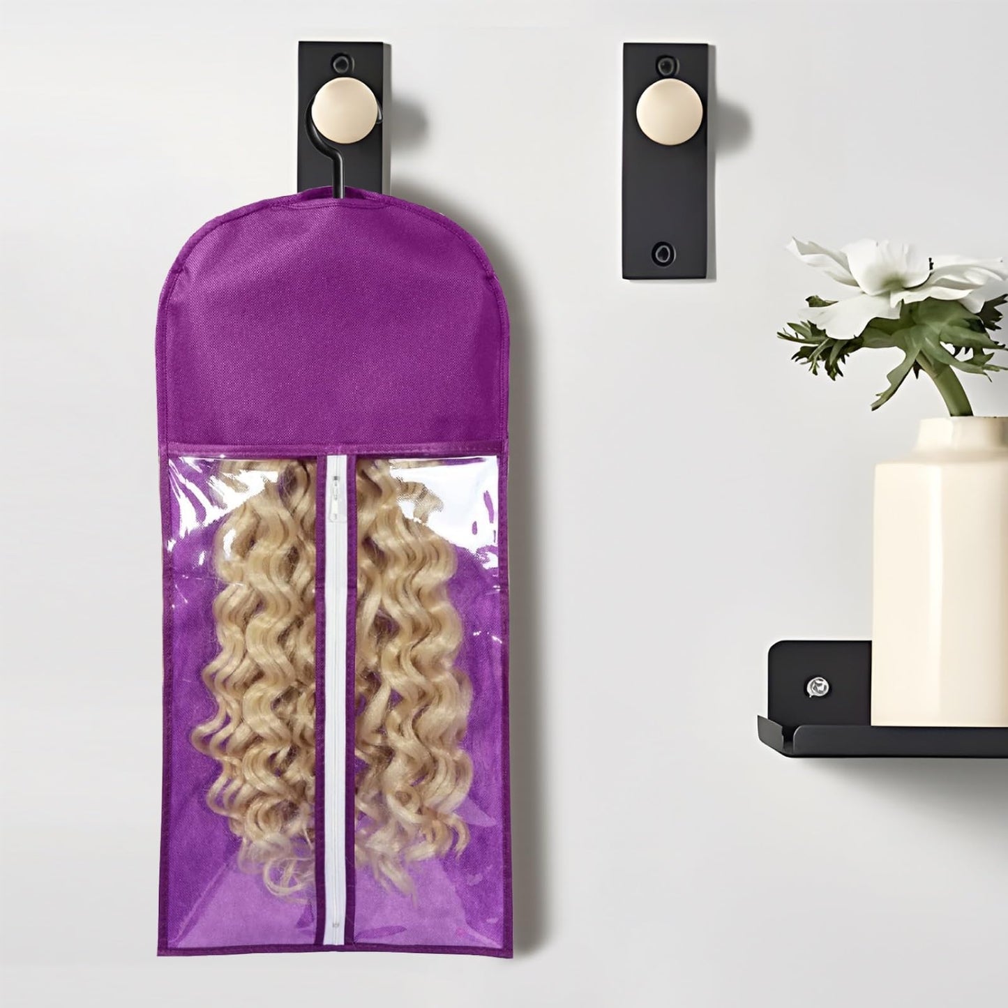 AIHOPESTO 12PCS Wig Bags With Hanger - Hair Extension Holder for Multiple Wigs - Organizer (6PCS Black & 6PCS Purple)