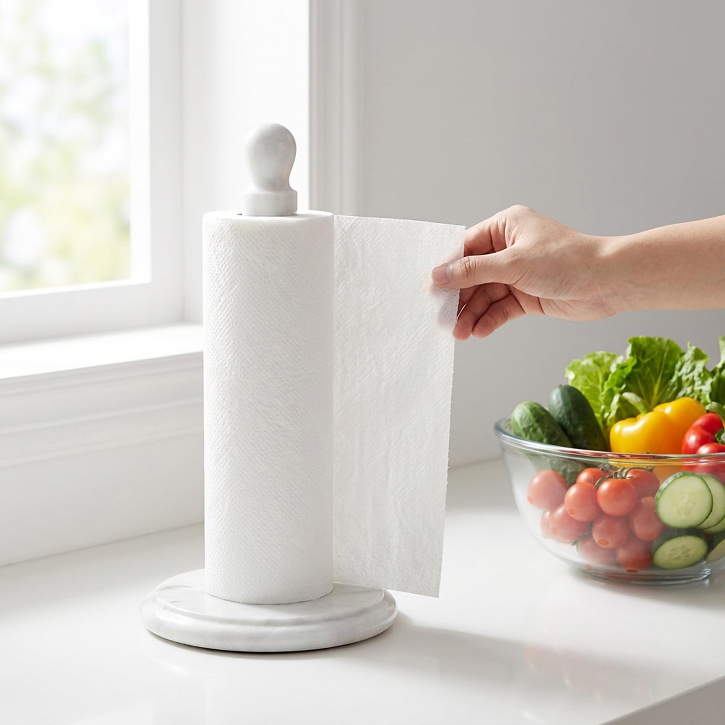 Marble Paper Towel Holder 12.5" Inch Natural Stone Countertop Kitchen Roll Stand, Free Standing Paper Towel Holder for Kitchen Decor, Dining Table and Countertop Organizer