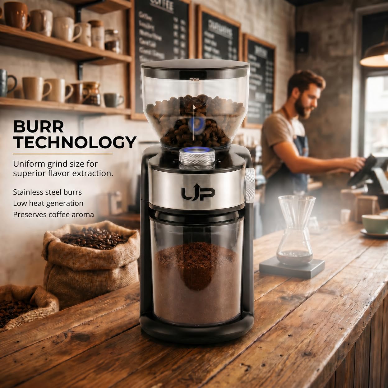 Electric Burr Coffee Grinder, Flat Burr & 16 Precise Grind Settings, Stainless Steel Bean Grinder for Espresso, French Press & Drip, Portion Control, Easy Clean, 2-14 Cup