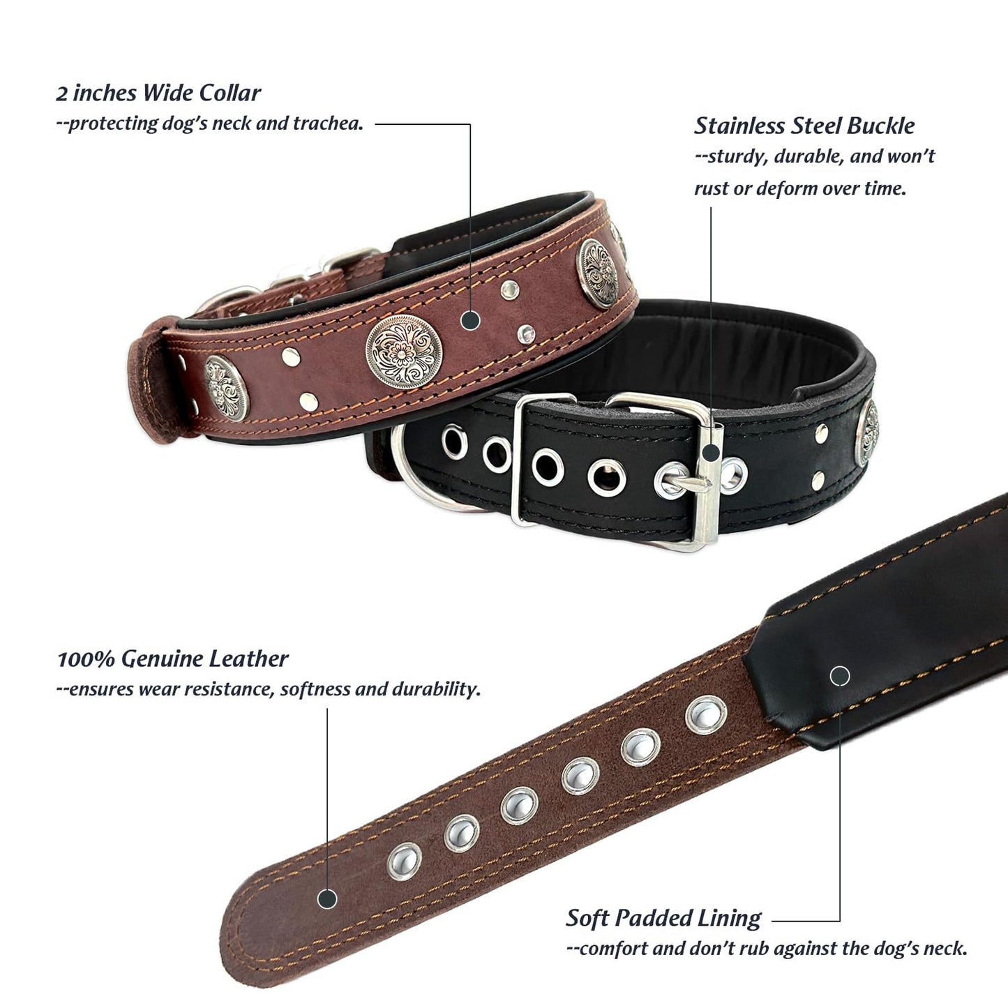 Leather Dog Collar for Large Medium Dogs, Heavy Duty 2 Inches Wide Dog Collars, Thick, Strong, Luxury and Studded Collar for Dogs Brown(19.5“-23.5”)