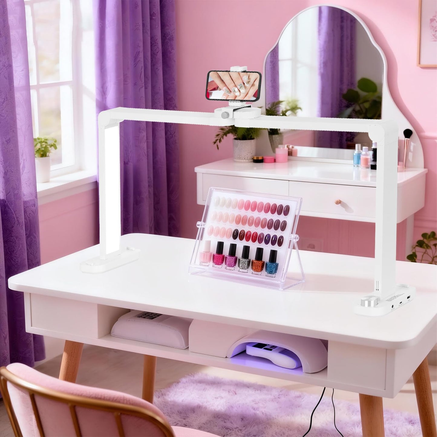 34" Foldable Nail Tech Lamp with Phone Holder, 456 LEDs Bright Nail Light for Desk, Stepless Dimming & 3 Color Modes (3000K-6000K) for Professional Manicure, Lash, Tattoo Studio, Eyebrows, Beauty