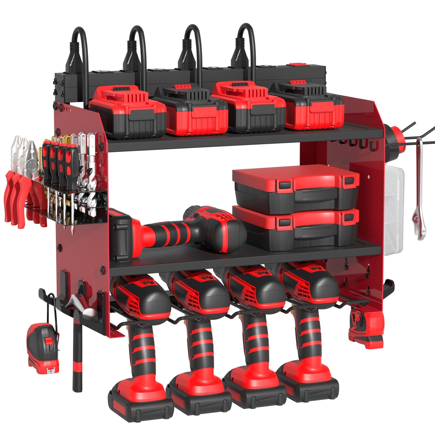 Power Tool Organizer Wall Mount with Charging Station, Garage Storage Rack for Cordless Drill, Tool Battery, Bit and Screwdriver, Utility Shelf with Power Strip and Hooks (3 Layer)