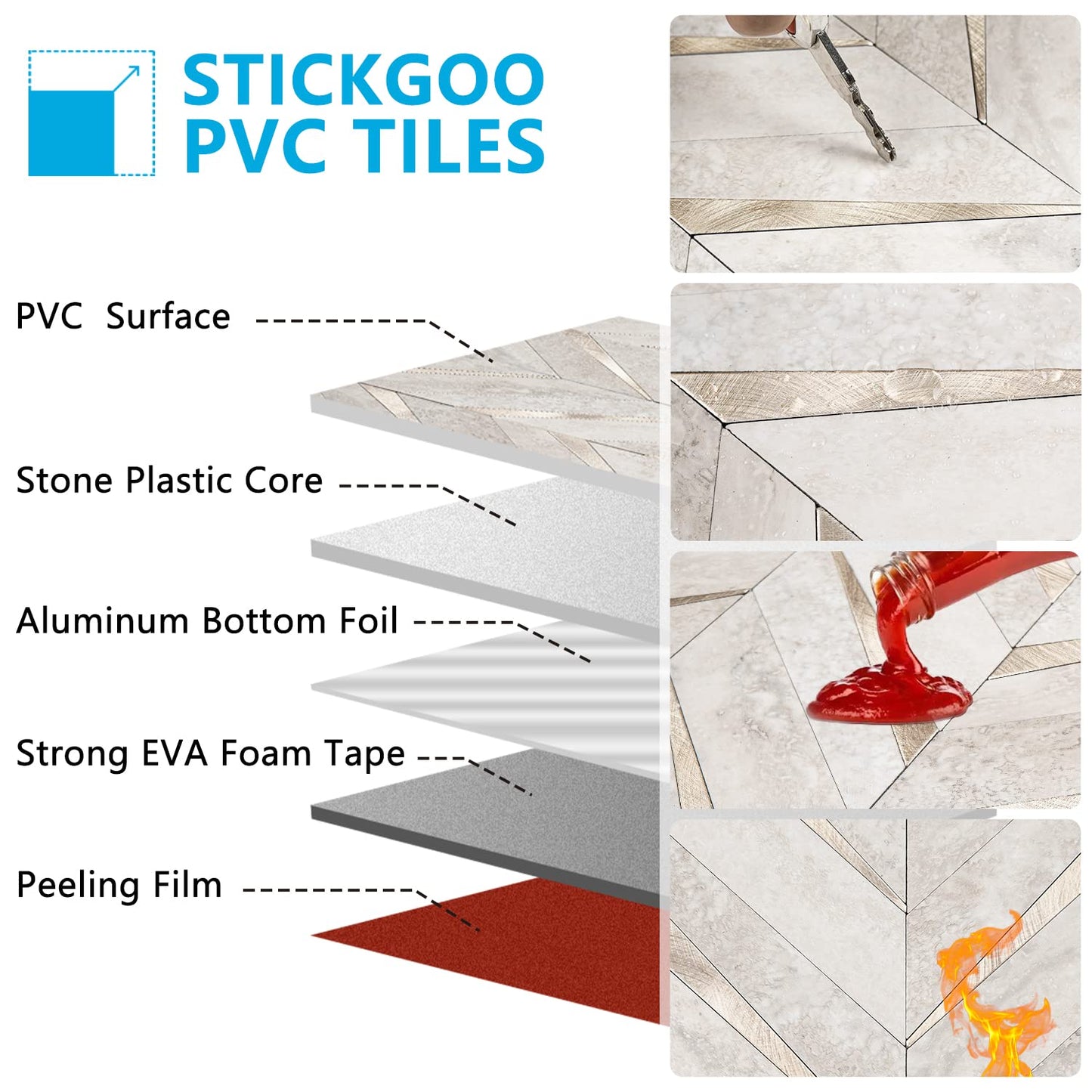 STICKGOO 10-Sheet Herringbone Tile Peel and Stick Backsplash, Marble Beige Mixed Metal Gold PVC Stick on Backsplash, Self Adhesive Wall Tile for Kitchen and Bathroom