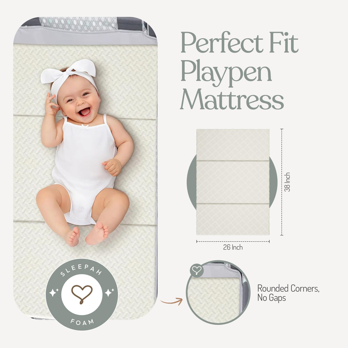 Sleepah Pack and Play Mattress Waterproof & Washable Cover Foldable Tri-Fold Pad 38 x 26 x 1.5 Pad for Babies and Toddlers Play Yards Mattresses Fits Most Playpens