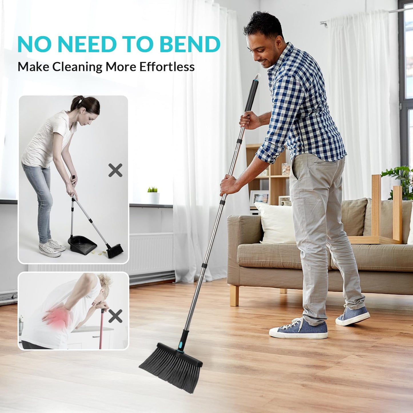 Broom and Dust Pan 61” Long Handle Broom and Dustpan Set with 180° Rotatable Broom Head for Home Office Kitchen Lobby Cleaning Upright Standing Broom and Dustpan