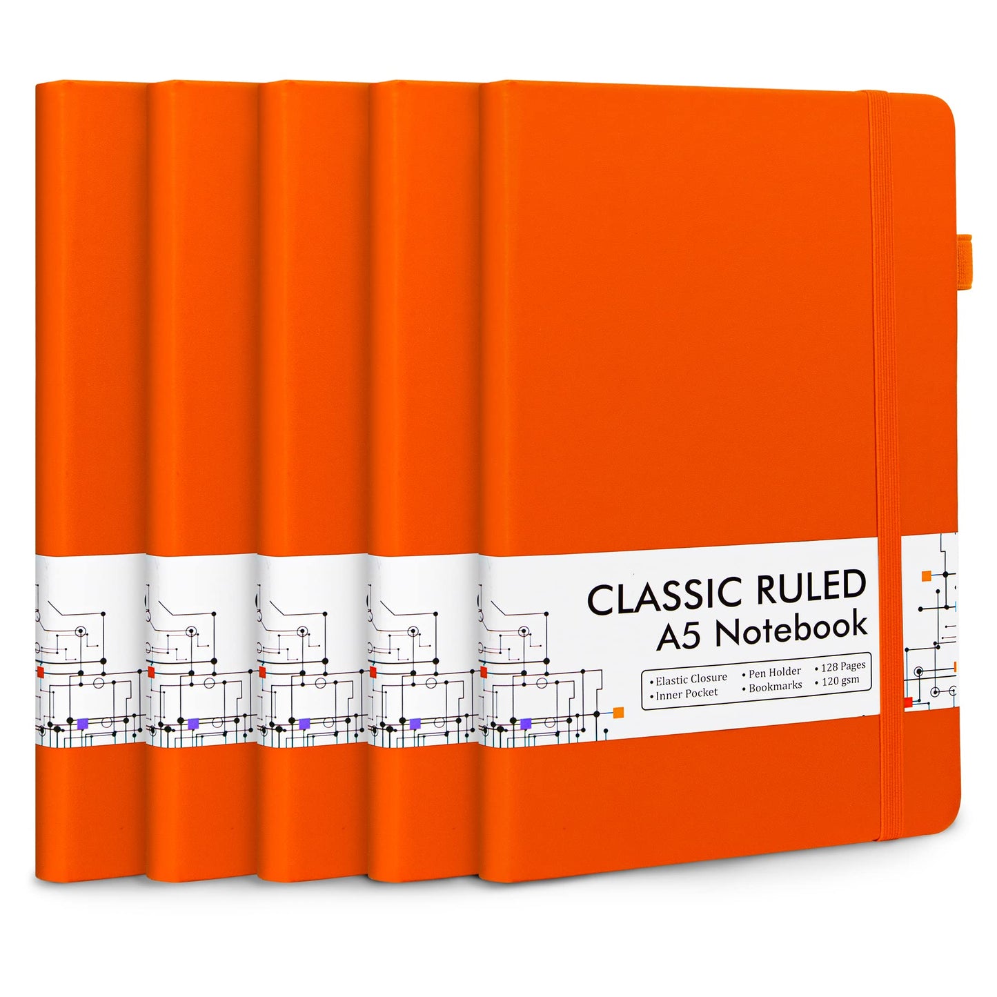 5 Pack Notebooks Journals Bulk with 5 Black Pens, Feela A5 Hardcover Notebook Classic Ruled Lined Journal Set with Pen Holder for School Business Journaling Note Taking, 120 GSM, 5.1”x8.3”, Orange
