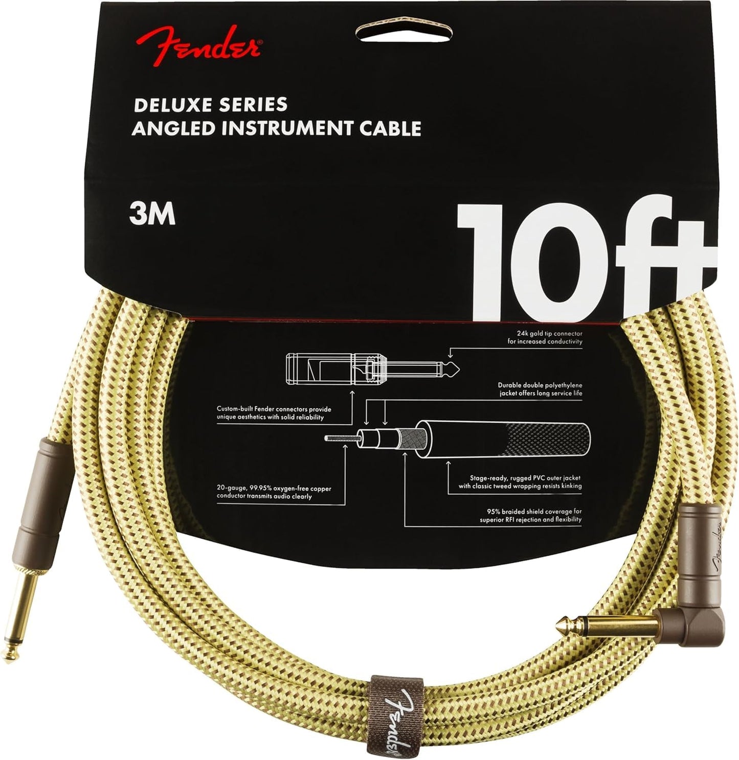 Fender Deluxe Series Instrument Cable 10 Feet Straight-Angle, Tweed