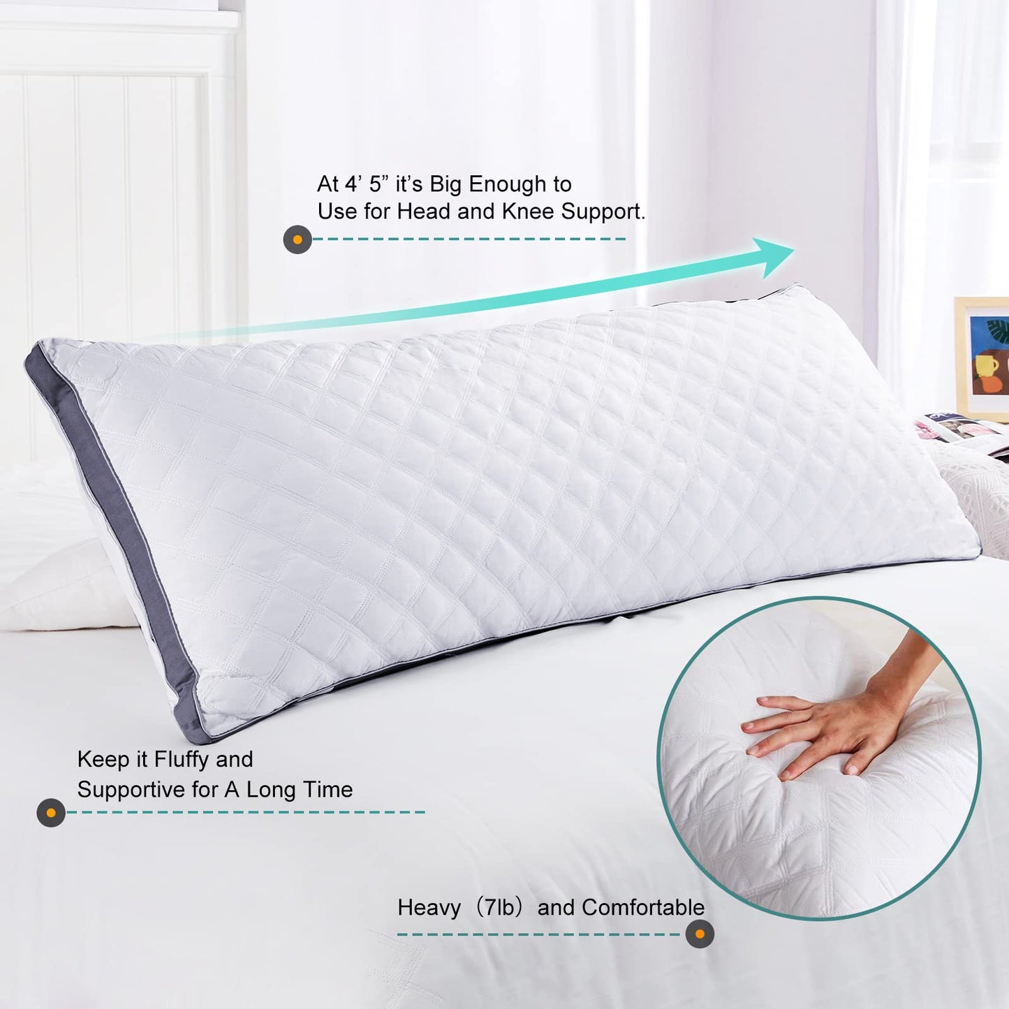 Oubonun Premium Adjustable Loft Quilted Body Pillows - Hypoallergenic Fluffy Pillow - Quality Plush Pillow - Down Alternative Pillow - Head Support Pillow - 21"x54"