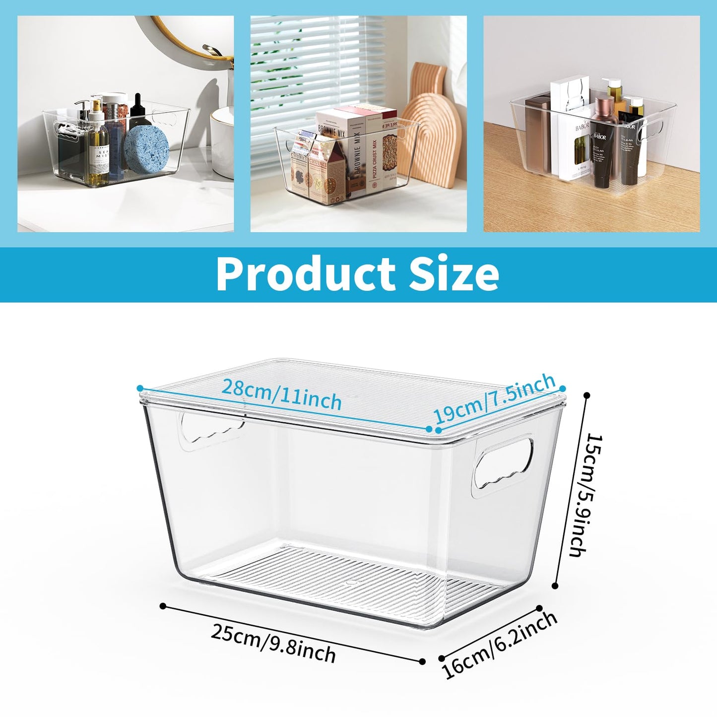 KJIXYUNG Clear Plastic Storage Bins, Pantry Organizers & Storage Containers, Cabinet Organizer, Home Organization Must Haves for Kitchen, Laundry Room, Office, Closet & Freezer (6 Pack with Lids)