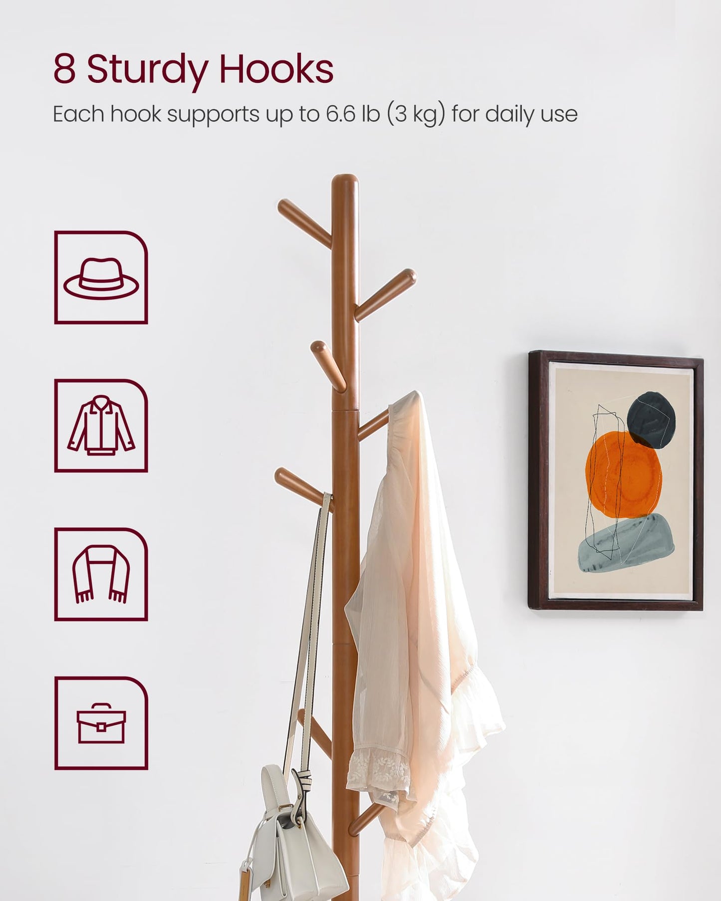 VASAGLE Solid Wood Coat Rack, Free Standing Hall Coat Tree with 8 Hooks, 3 Height Options, for Coats, Hats, Bags, Purses, for Entryway, Hallway, Rubberwood Hooks and Pole, Caramel BrownURCR010W01
