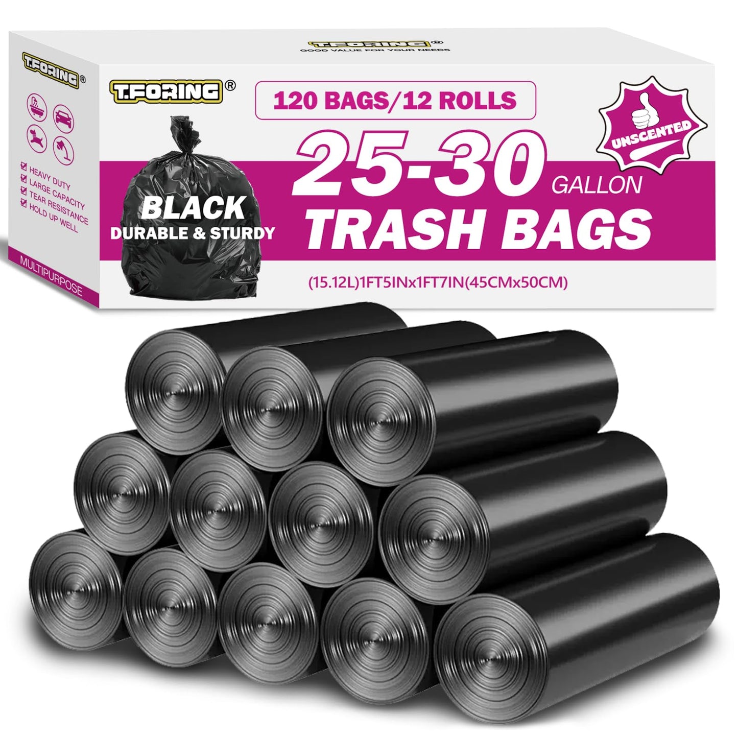 25-30 Gallon Trash Bags Black 120 Count - 32" x 36" Large Kitchen Garbage Bags, 20+ Gallon Trash Can Liners Unscented, Multipurpose for Home, Office, Daily Household Use