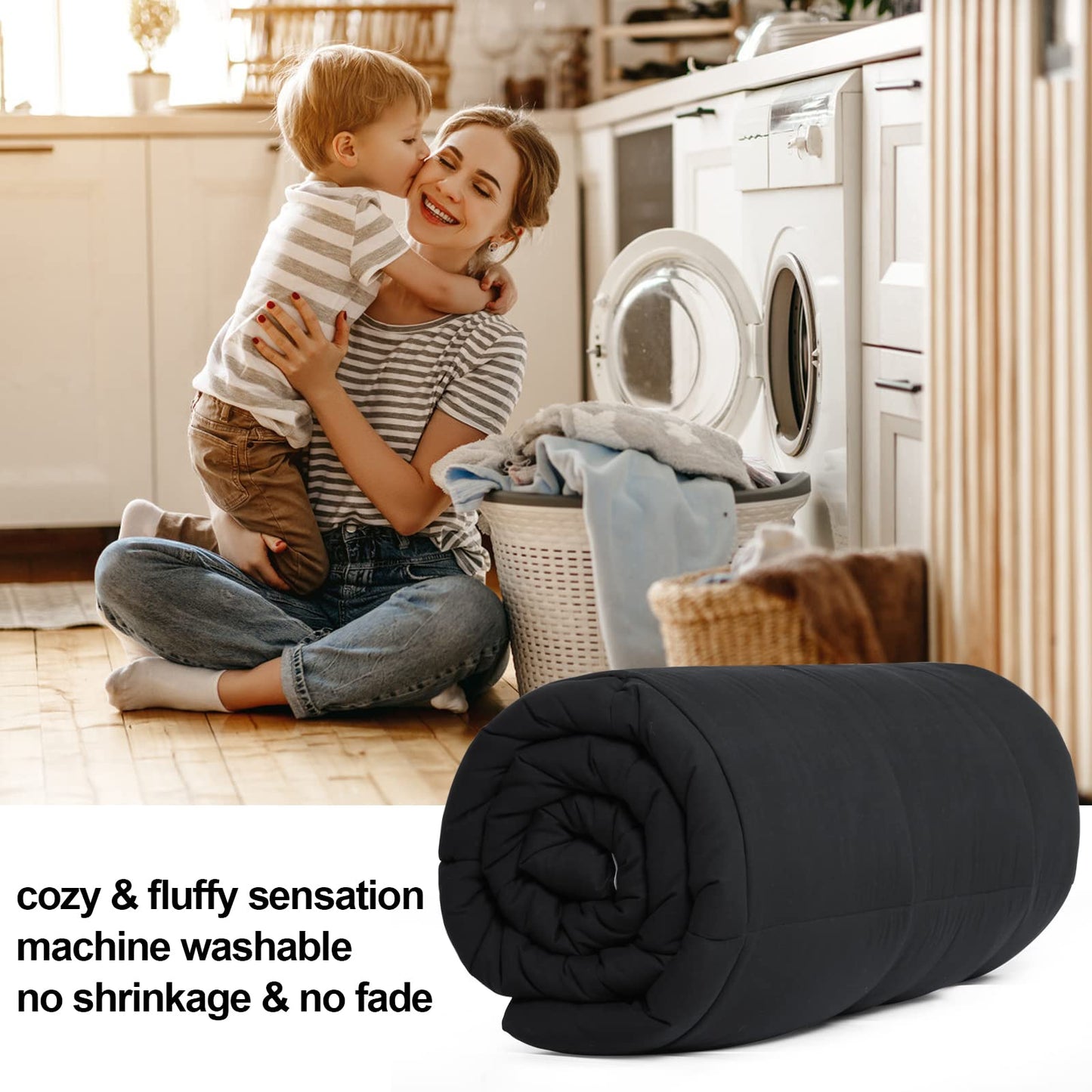 All Season Queen Size Comforter -Soft Quilted Down Alternative Breathable Duvet Insert with Corner Tabs - Premium 2100 Series -Reversible Fluffy Quilts Hotel Collection (88 by 88 inches,Black)