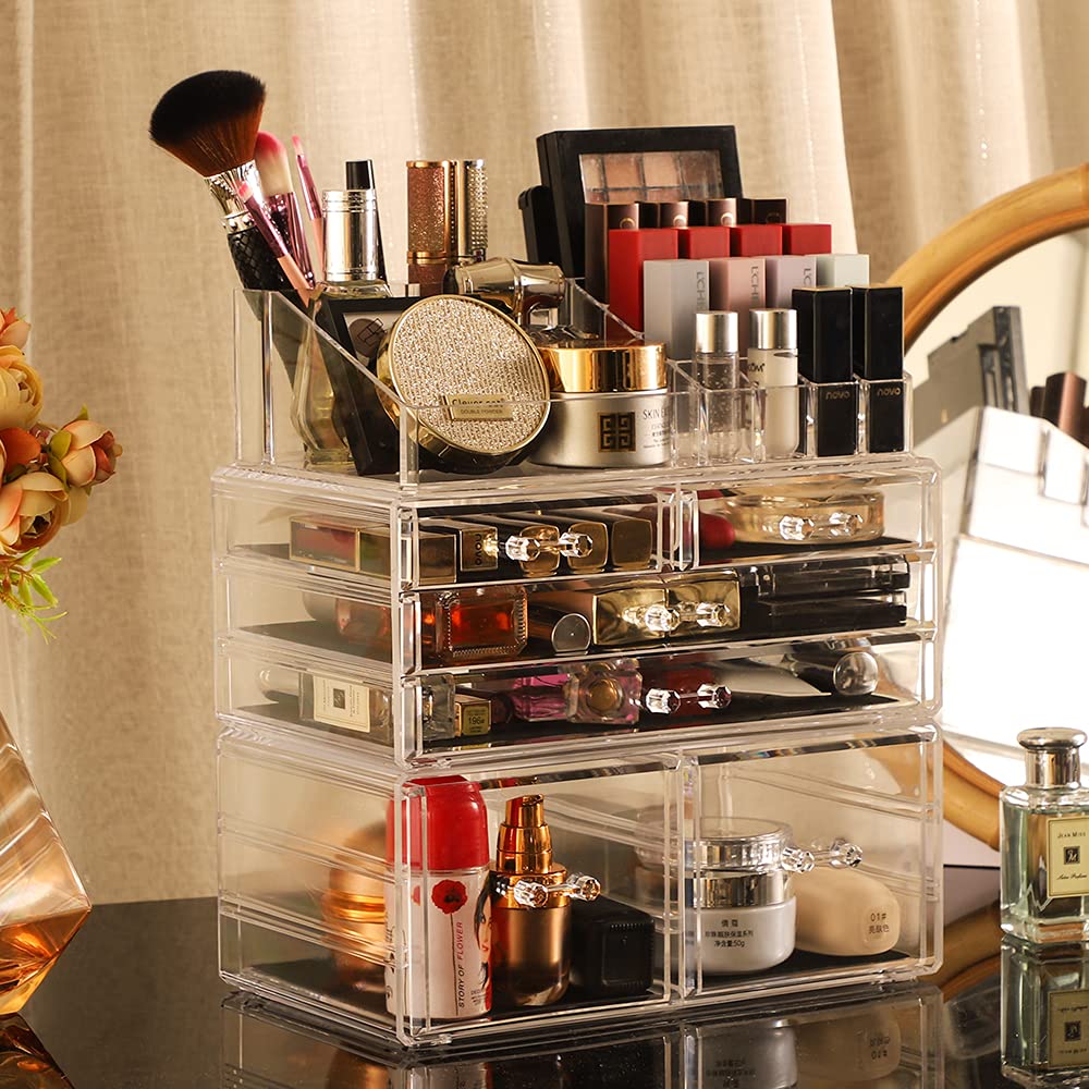 Cq acrylic 3 Pack Clear Makeup Storage Organizer,Stackable 6 Drawers Make Up Organizers,Cute Desk Organizer for Vanity Jewelry,Hair Clip,Beauty,Skincare Product Bathroom Counter Organizers and Storage