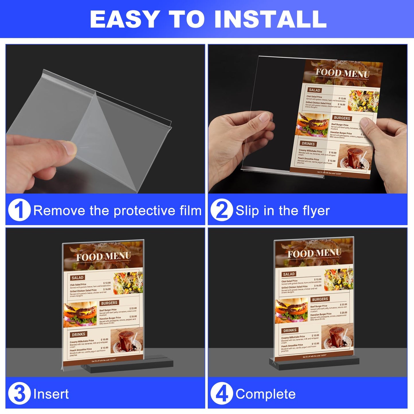 Acrylic Sign Holder 5x7 Inches, 12 Packs Vertical T Shape Desktop Display Stand, Double Sided Clear Table Menu Flyer Holder for Restaurants, Office, Shop, Wedding - Black