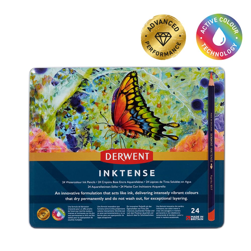 Derwent Inktense Pencils Tin, Set of 24, Great for Holiday Gifts, 4mm Round Core, Firm Texture, Watersoluble, Ideal for Watercolour, Drawing, colouring and Painting on Paper and Fabric (0700929)